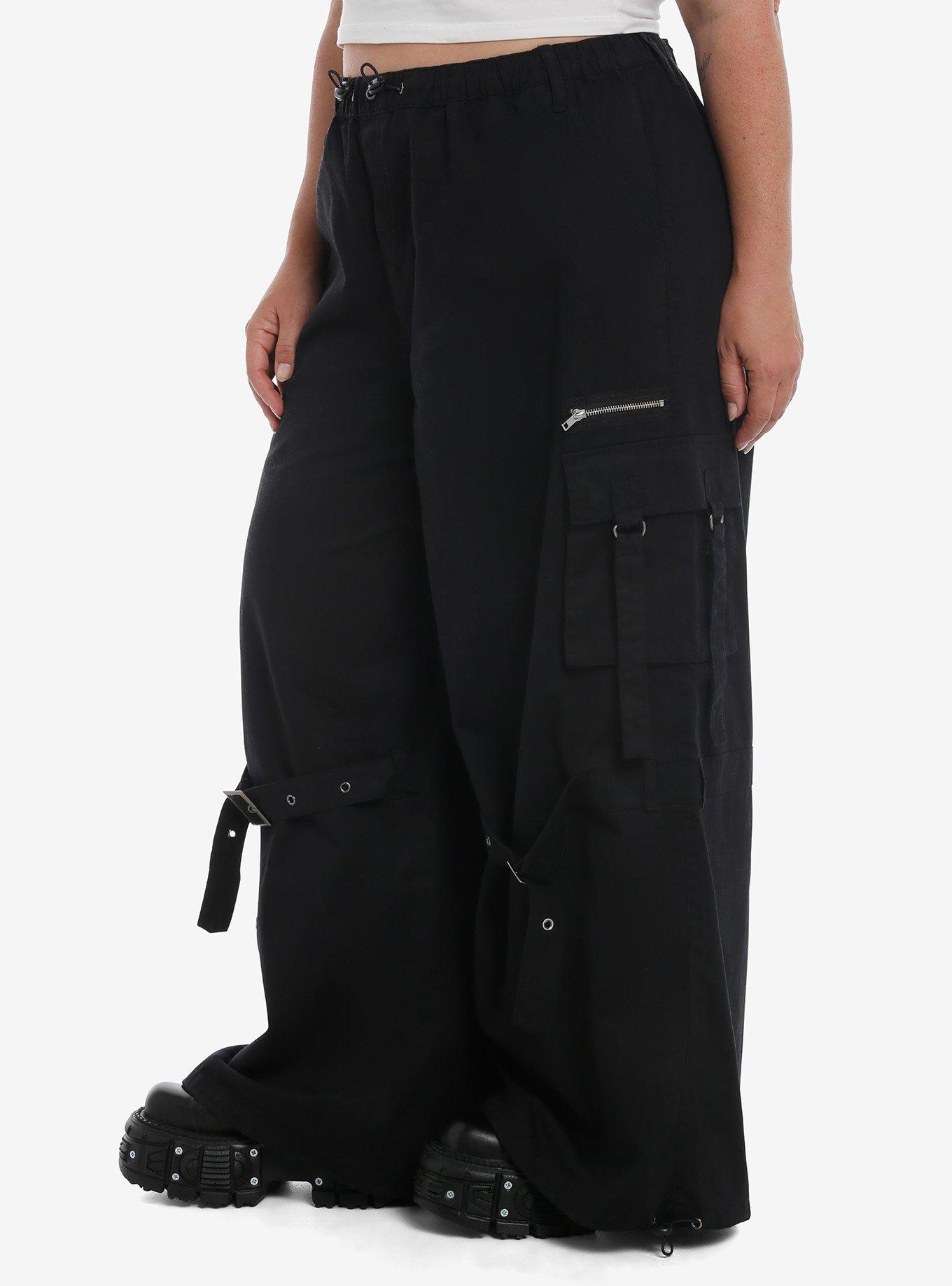 Black Grommet Strap Zipper Cargo Wide Leg Pants Plus Size, BLACK, alternate