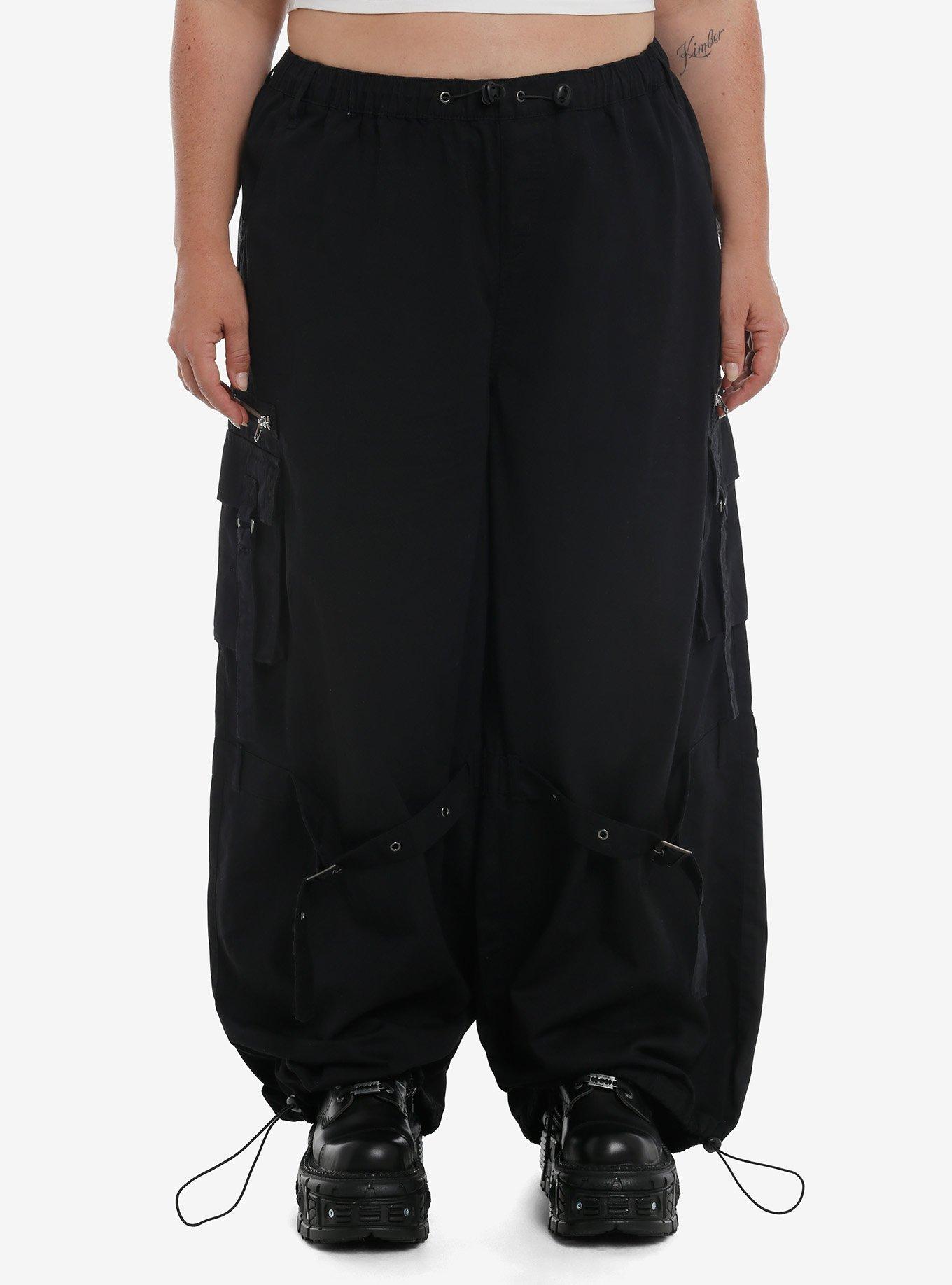 Black Grommet Strap Zipper Cargo Wide Leg Pants Plus Size, BLACK, alternate