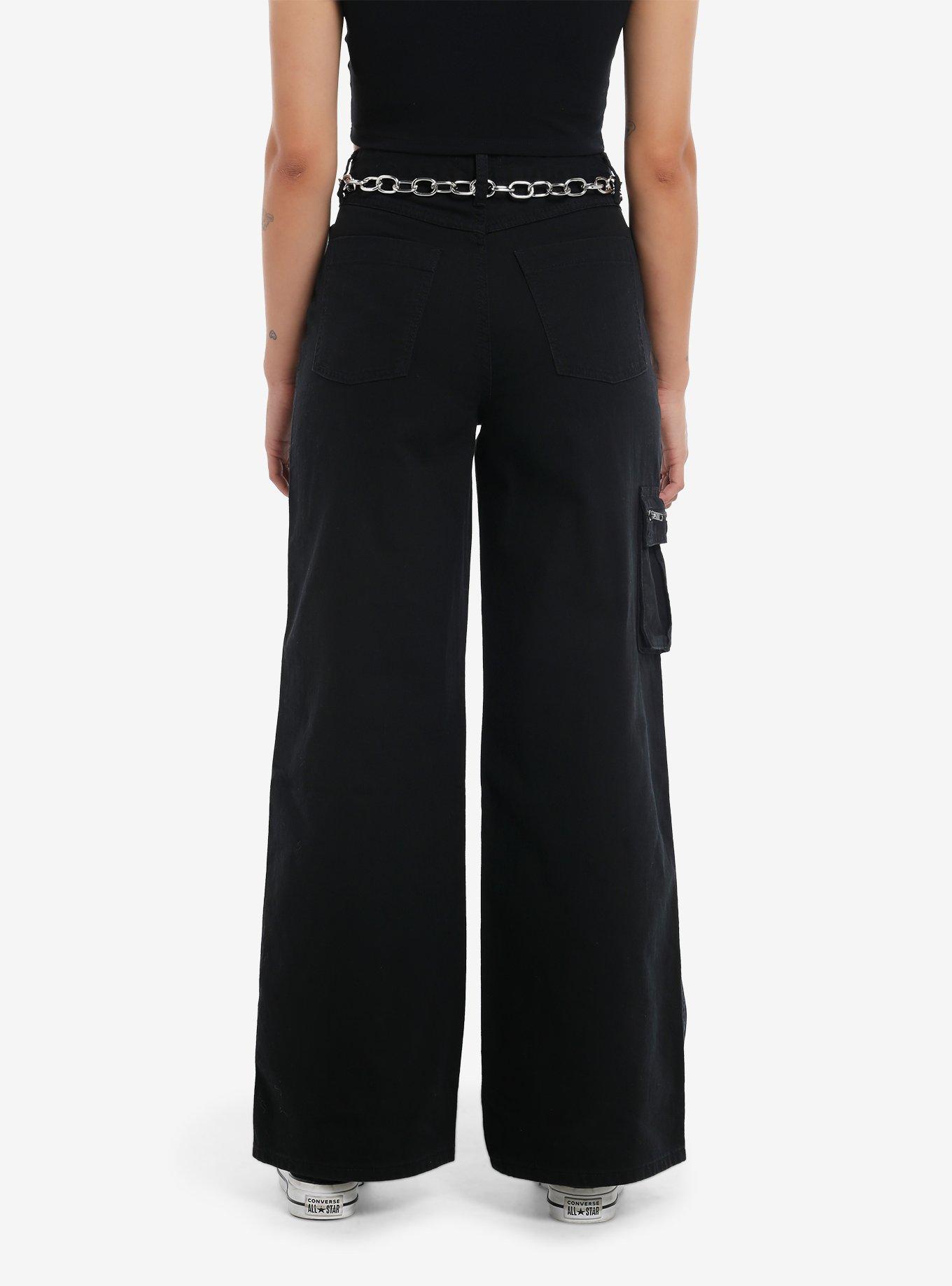 Black Zipper Cargo Wide Leg Pants With Belt