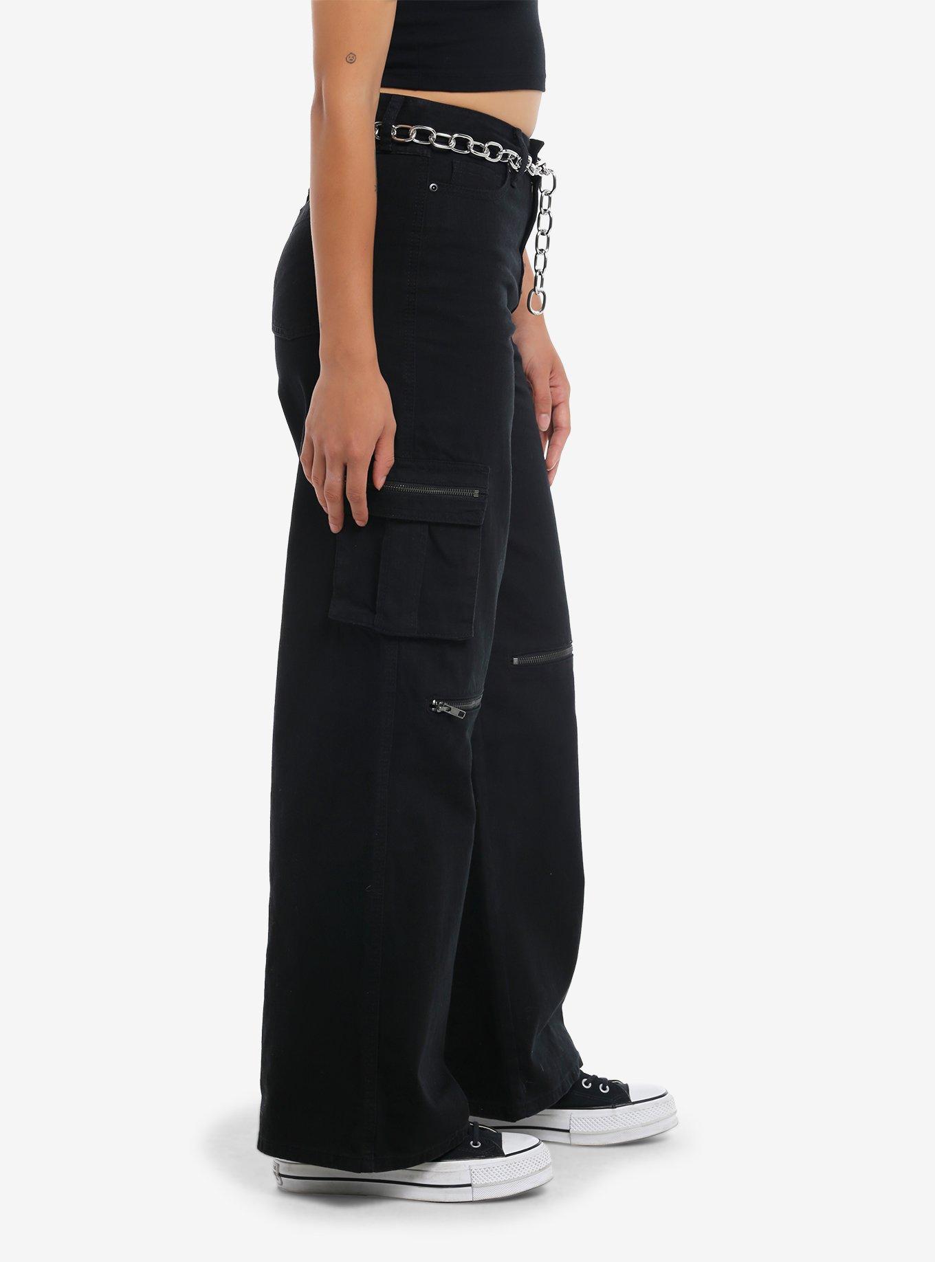 Black Zipper Cargo Wide Leg Pants With Belt, GREY, alternate