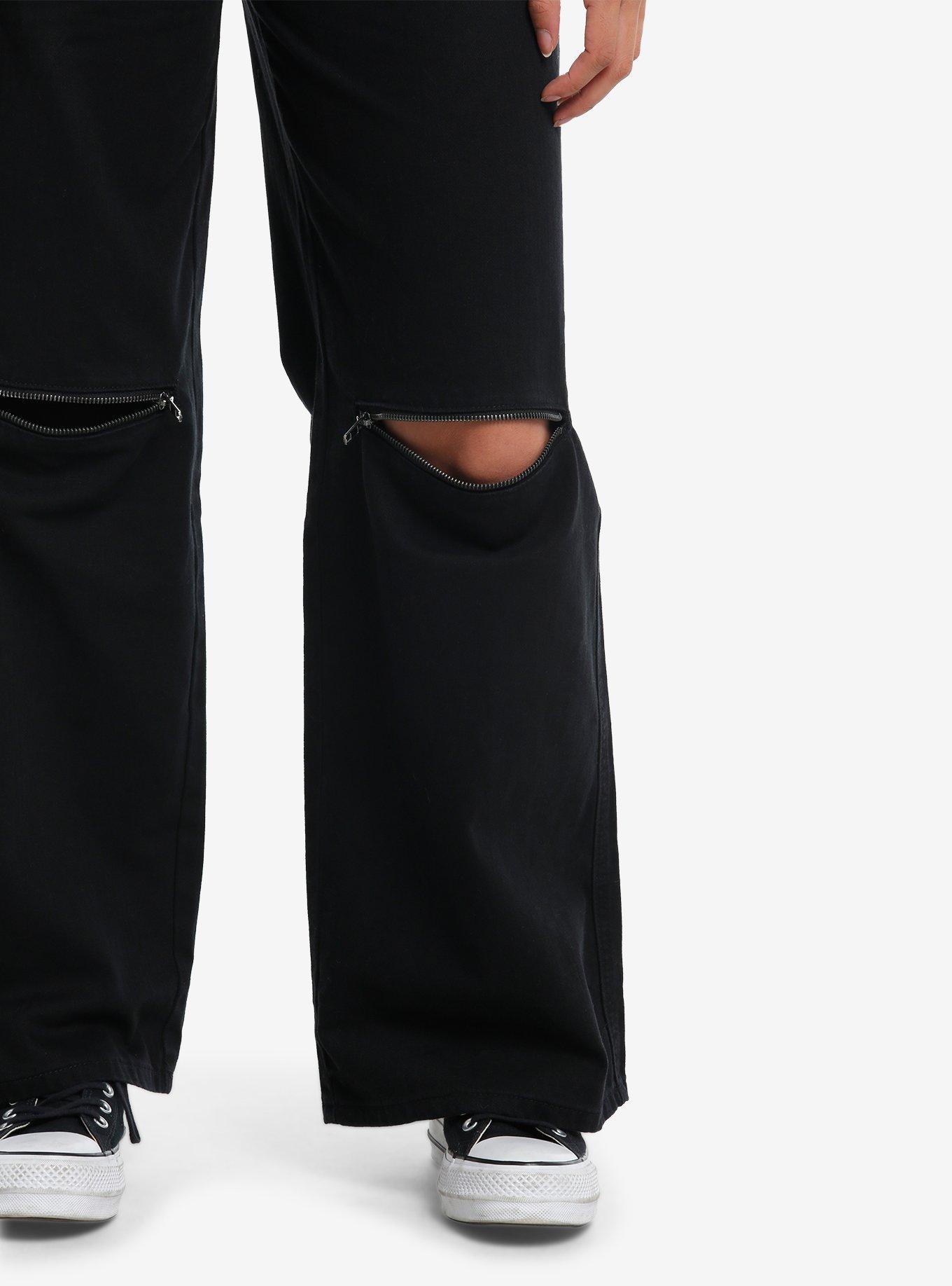 Black Zipper Cargo Wide Leg Pants With Belt