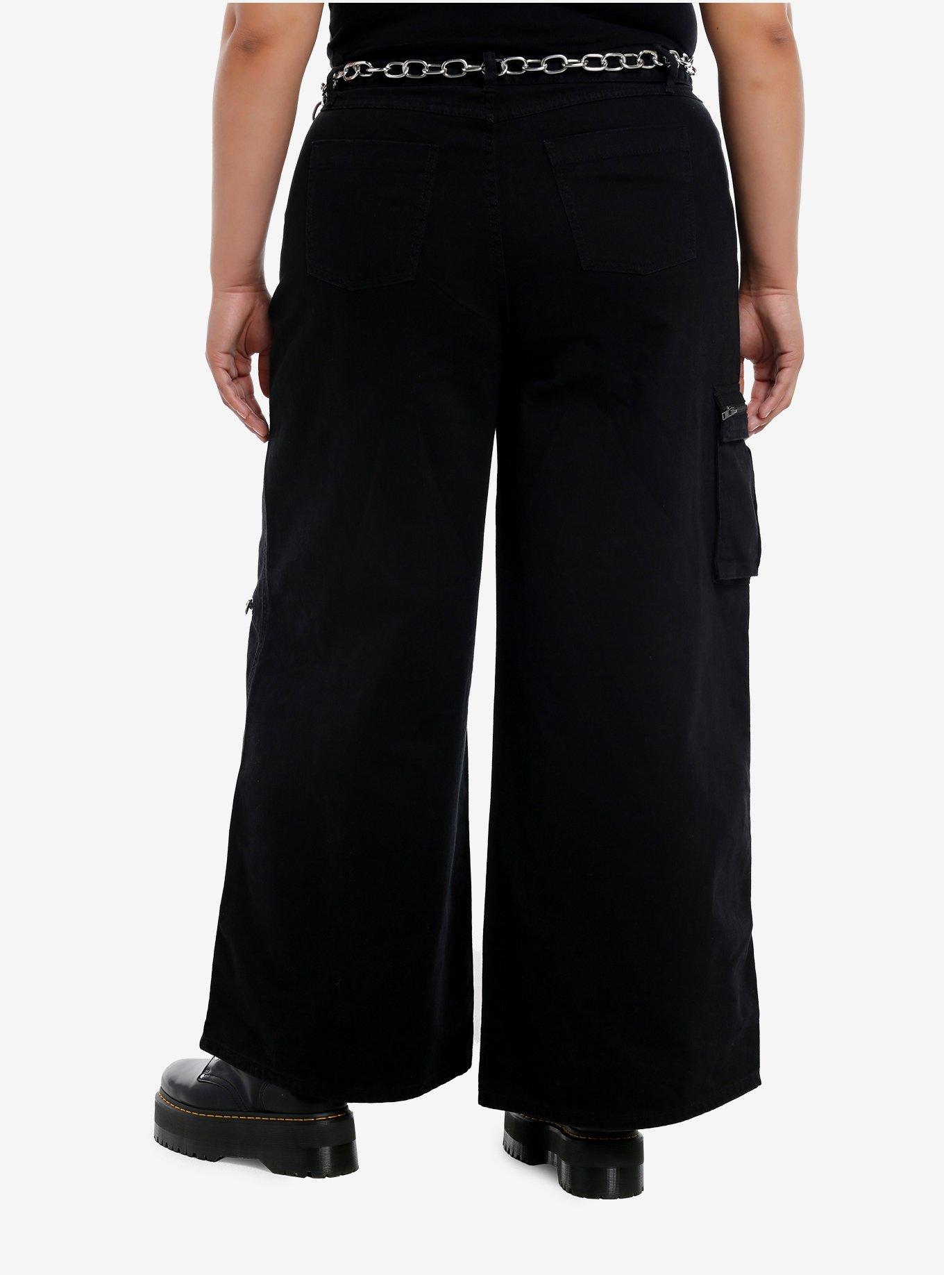 Black Zipper Cargo Wide Leg Pants With Belt Plus Size, , hi-res