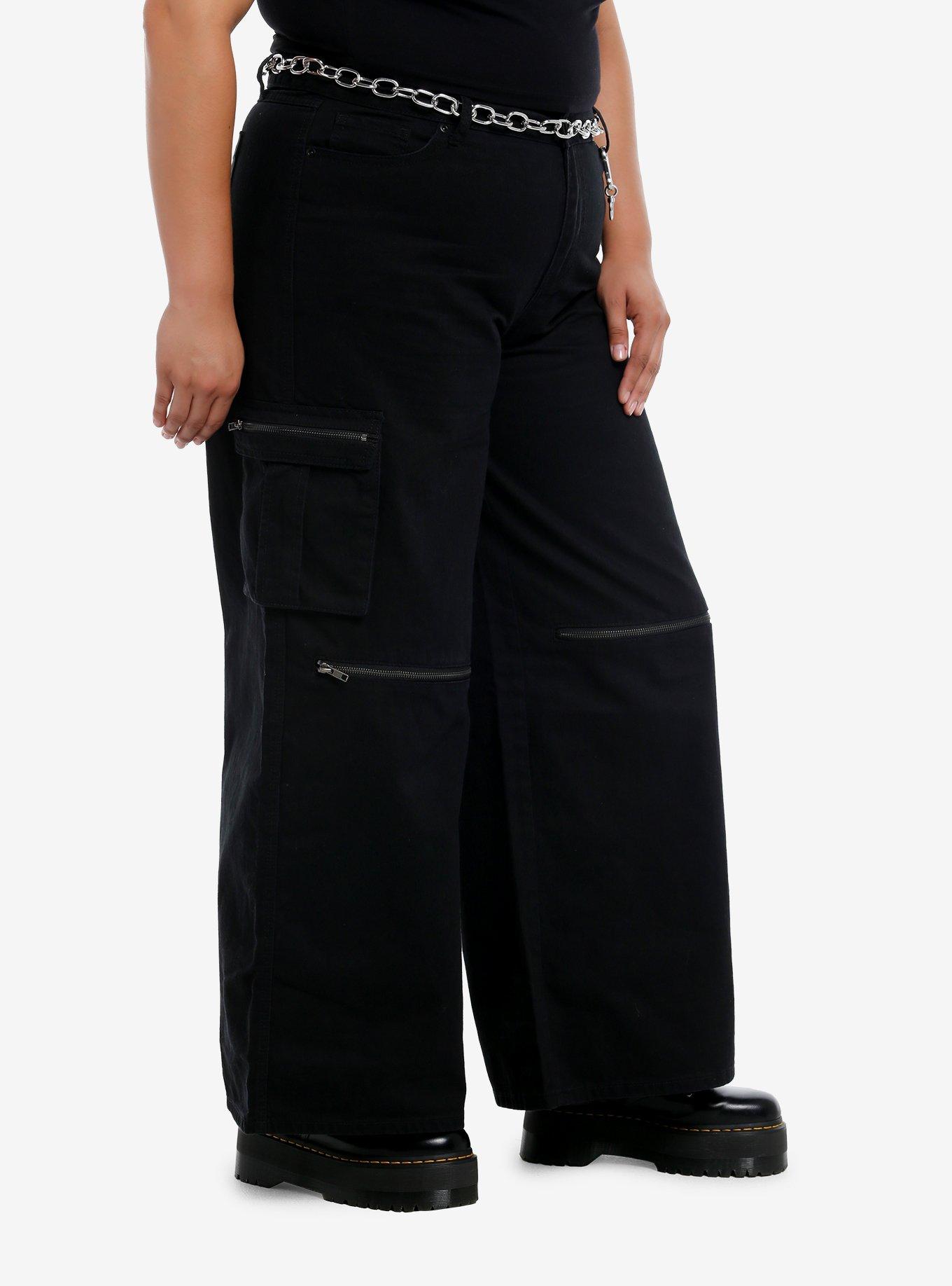 Black Zipper Cargo Wide Leg Pants With Belt Plus Size, GREY, alternate