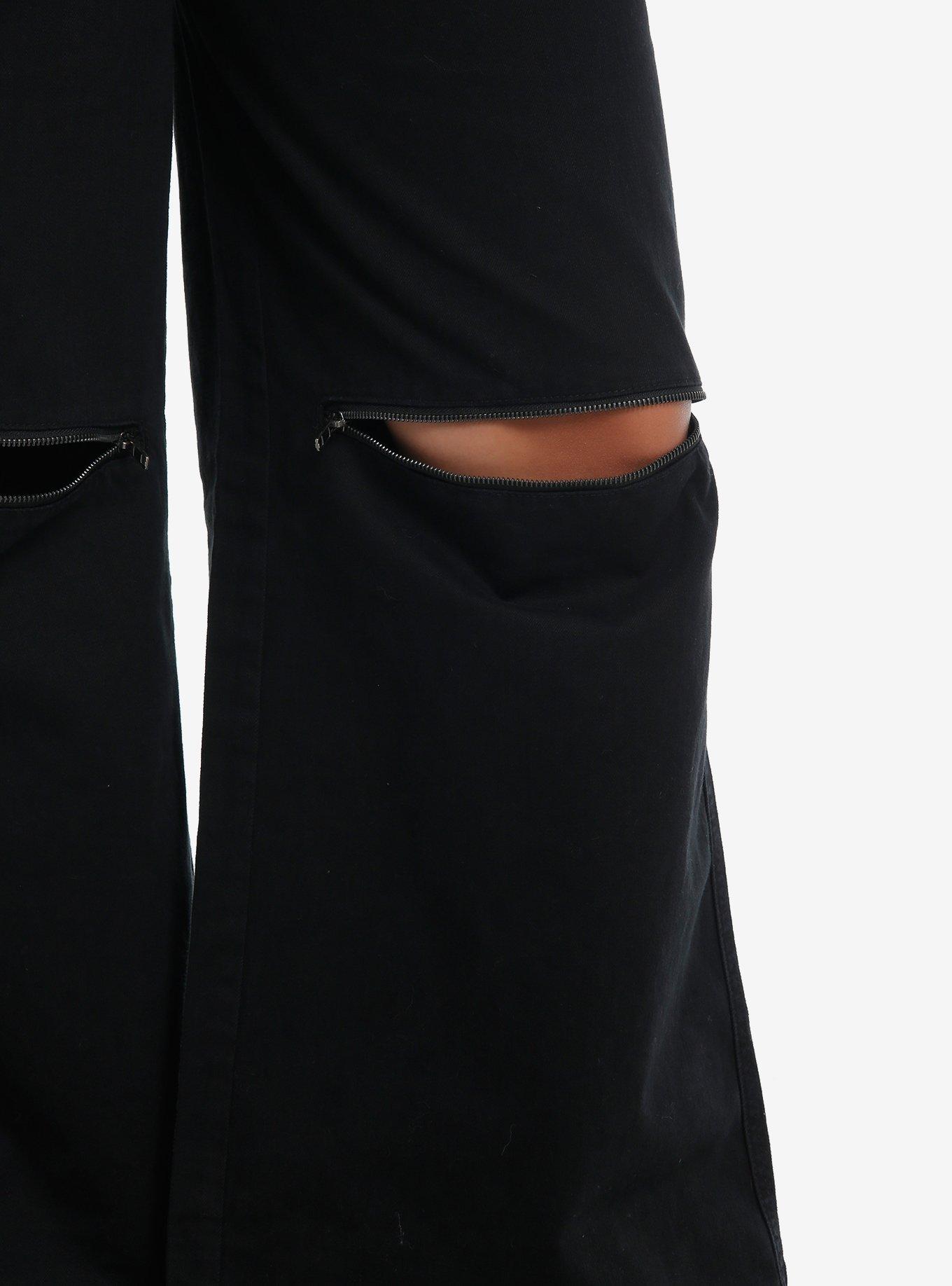 Black Zipper Cargo Wide Leg Pants With Belt Plus Size, GREY, alternate