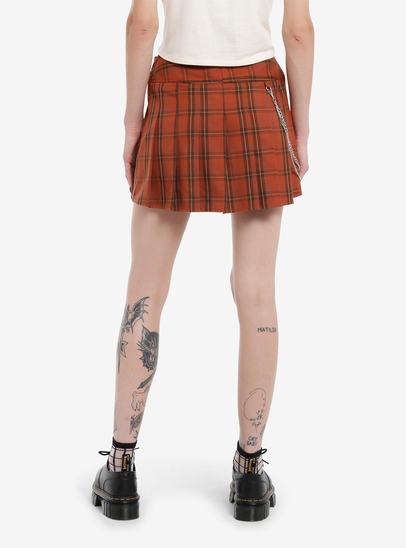 Thorn & Fable Orange Plaid Side Chain Belted Skirt, , hi-res