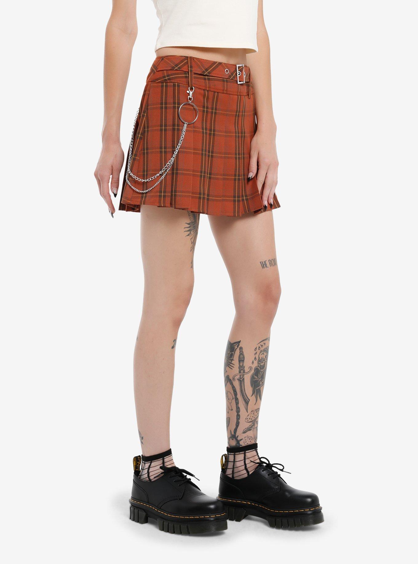 Thorn & Fable Orange Plaid Side Chain Belted Skirt, BROWN, alternate