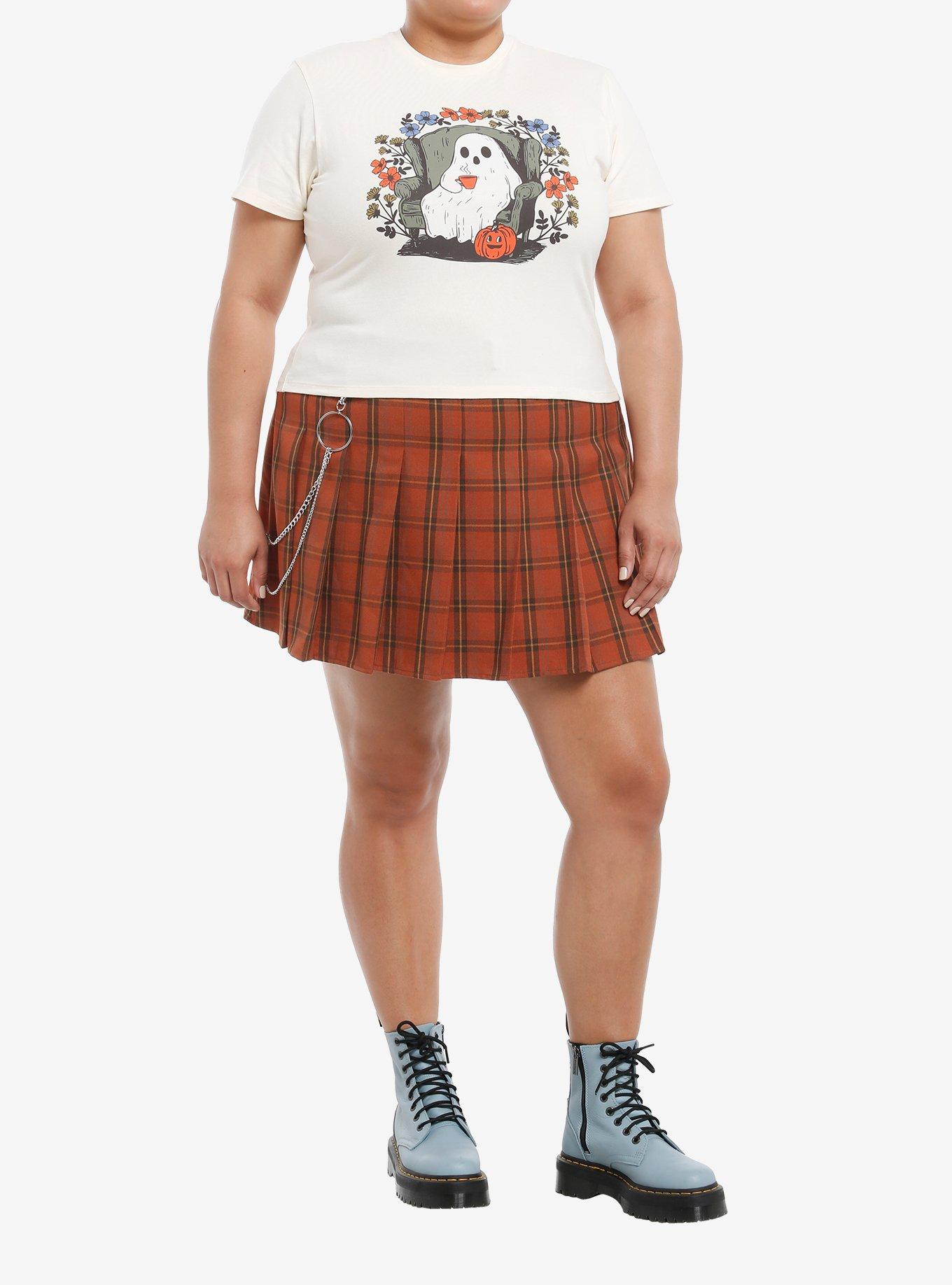 Thorn & Fable Orange Plaid Side Chain Belted Skirt Plus Size, BROWN, alternate