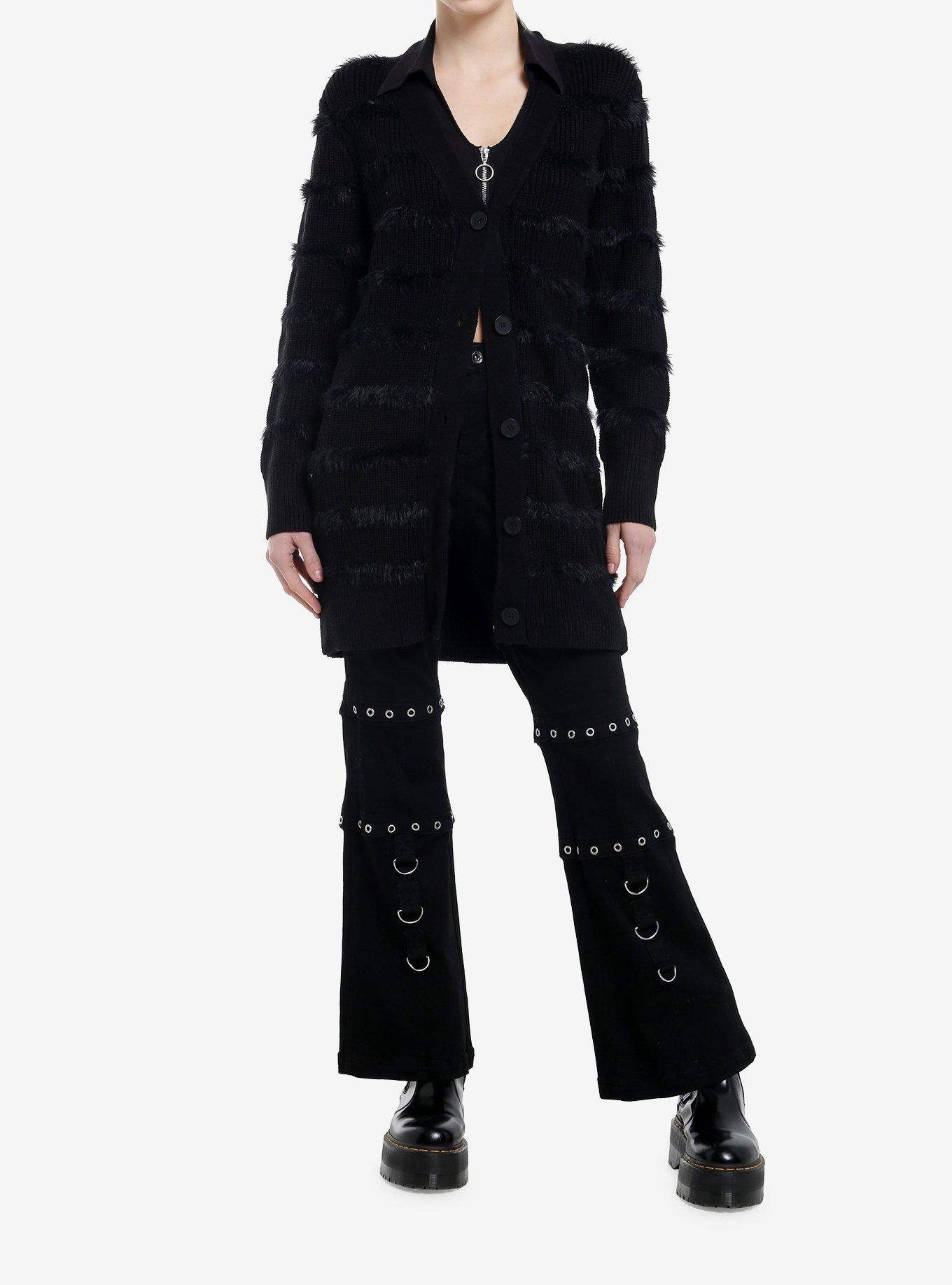 KIHILIST Black Fuzzy Stripe Girls Long Cardigan, , hi-res