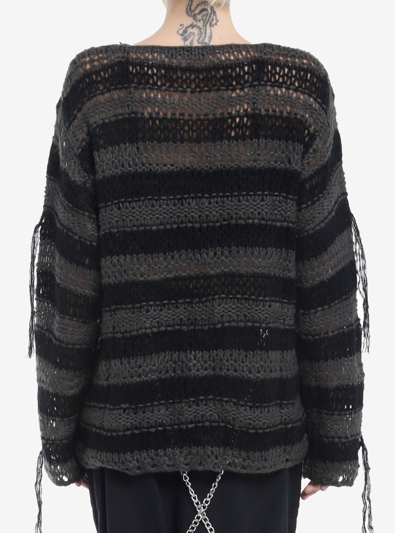 KIHILIST Black & Grey Stripe Destructed Girls Sweater, GREY, alternate