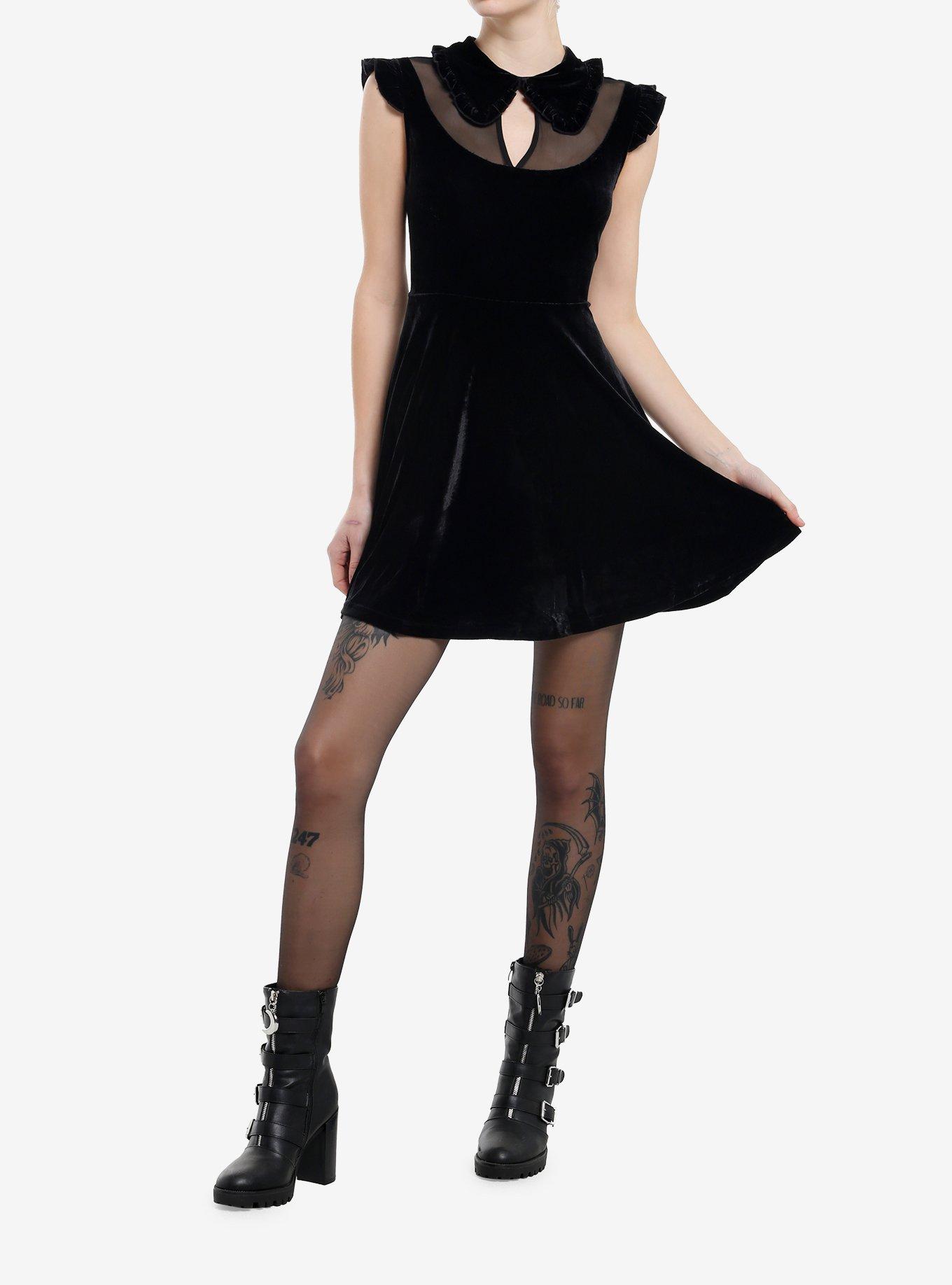 KIHILIST Black Velvet Mesh Neckline Collar Dress, BLACK, alternate