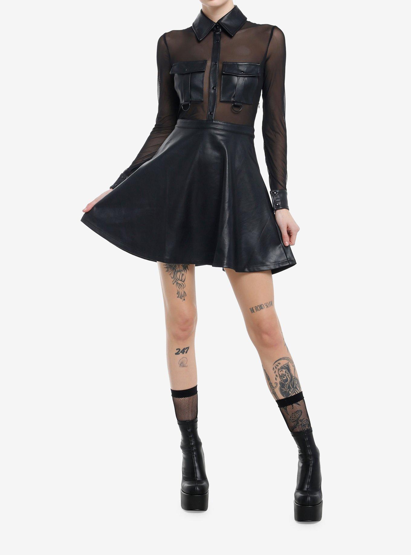 KIHILIST Black Faux Leather Mesh Long-Sleeve Dress, , hi-res