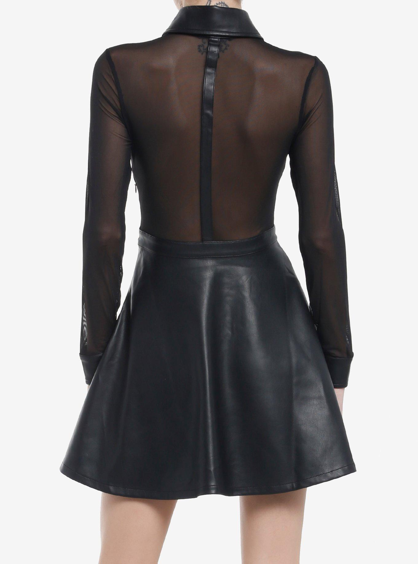 KIHILIST Black Faux Leather Mesh Long-Sleeve Dress, BLACK, alternate