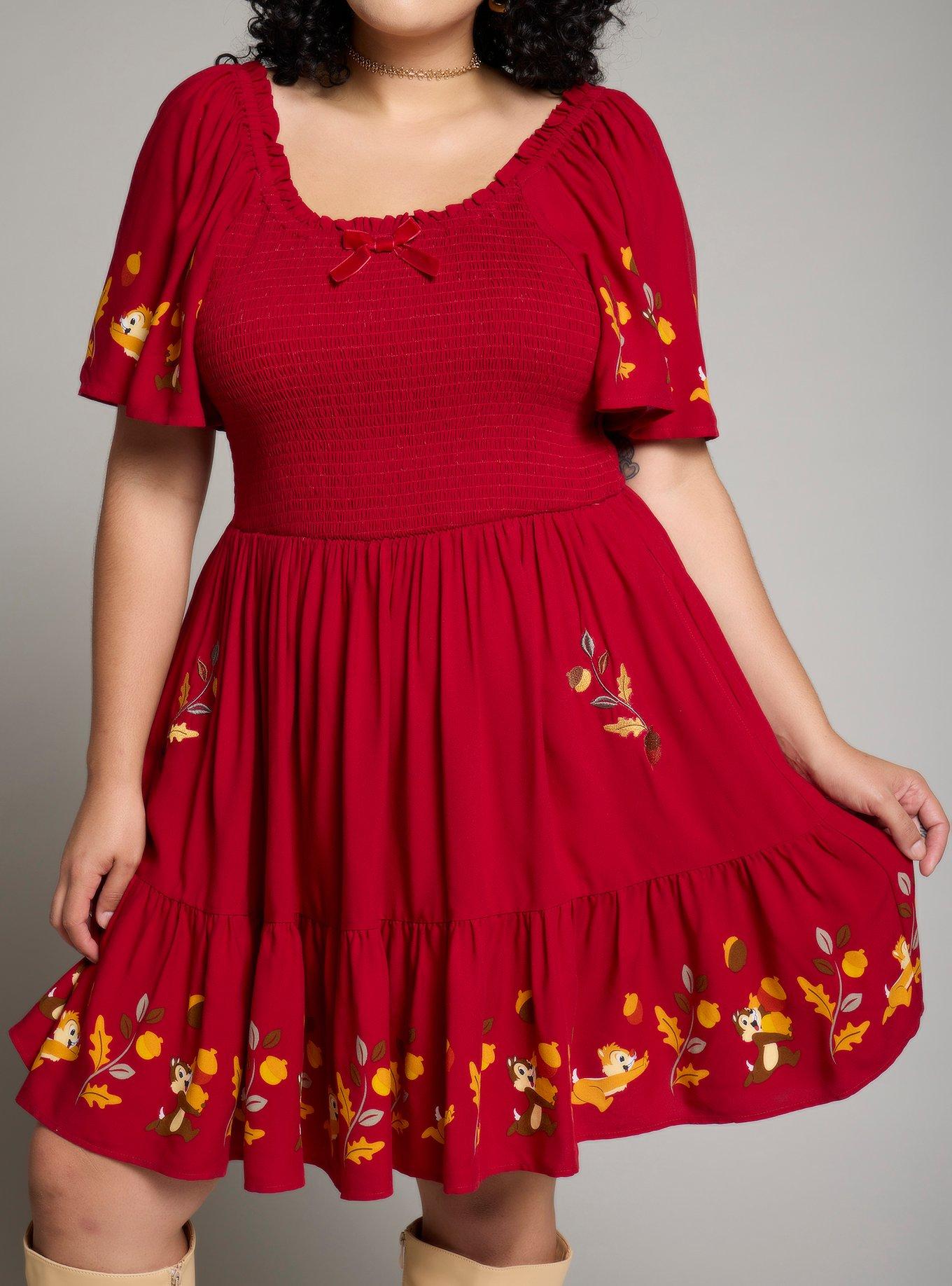 Disney Chip & Dale Leaves Plus Size Smock Dress - BoxLunch Exclusive, RED, alternate