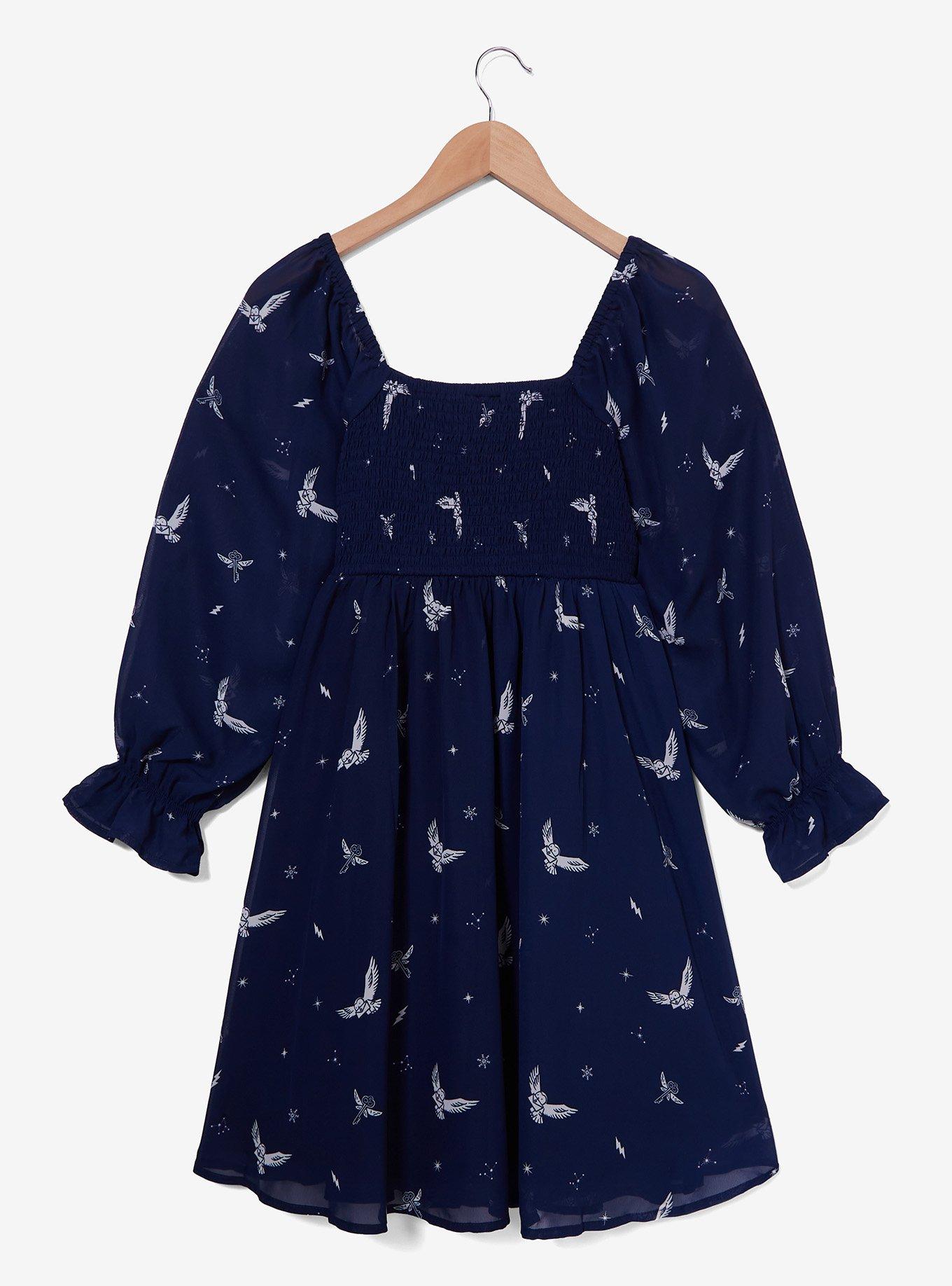 Harry Potter Hedwig Allover Print Smock Dress - BoxLunch Exclusive, NAVY, alternate