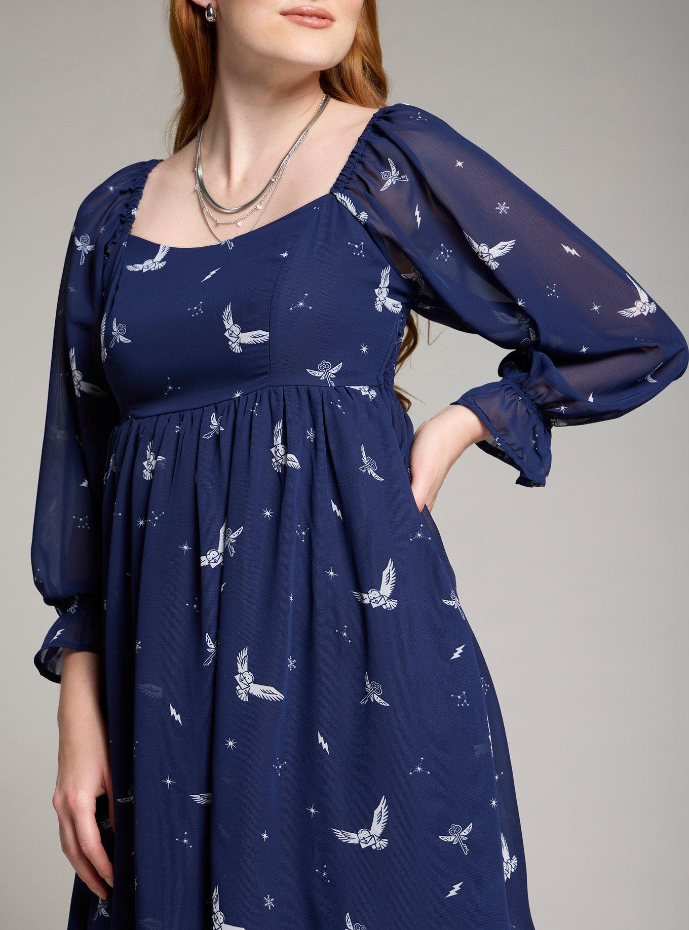 Harry Potter Hedwig Allover Print Smock Dress - BoxLunch Exclusive, NAVY, alternate