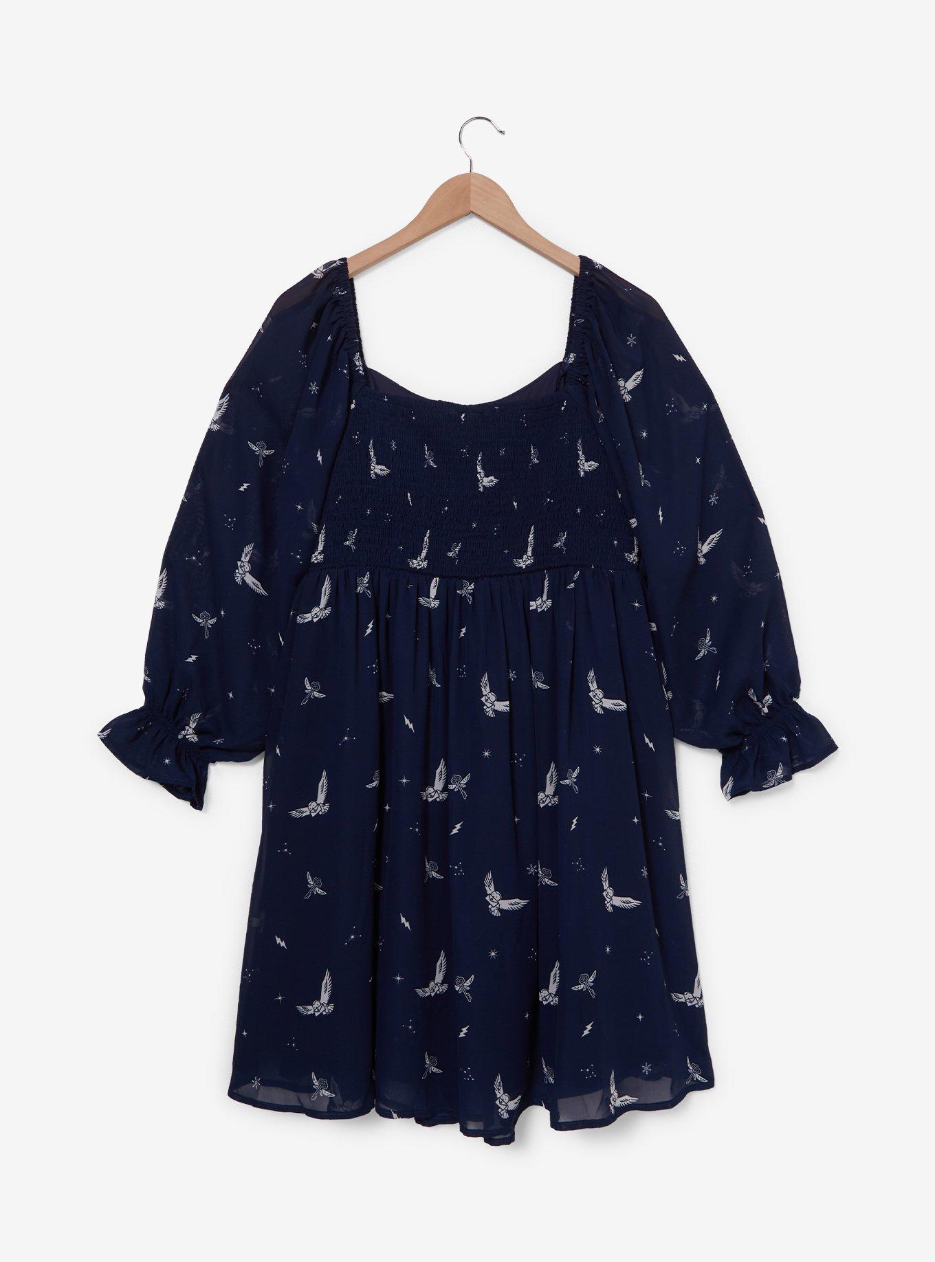 Harry Potter Hedwig Allover Print 3/4 Sleeve Plus Size Dress — BoxLunch Exclusive, NAVY, alternate