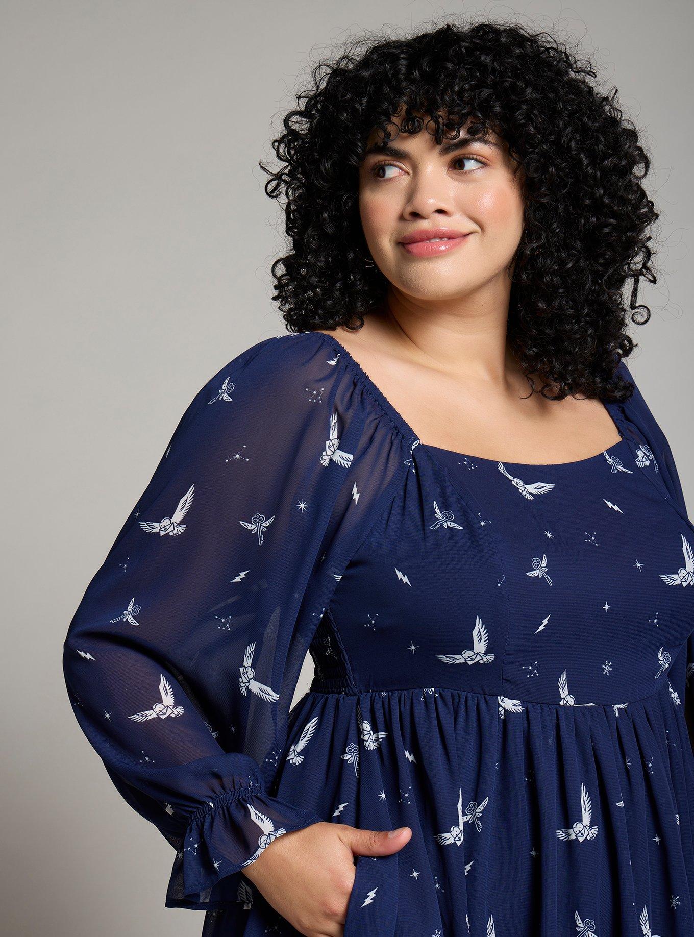 Harry Potter Hedwig Allover Print 3/4 Sleeve Plus Size Dress — BoxLunch Exclusive, NAVY, alternate