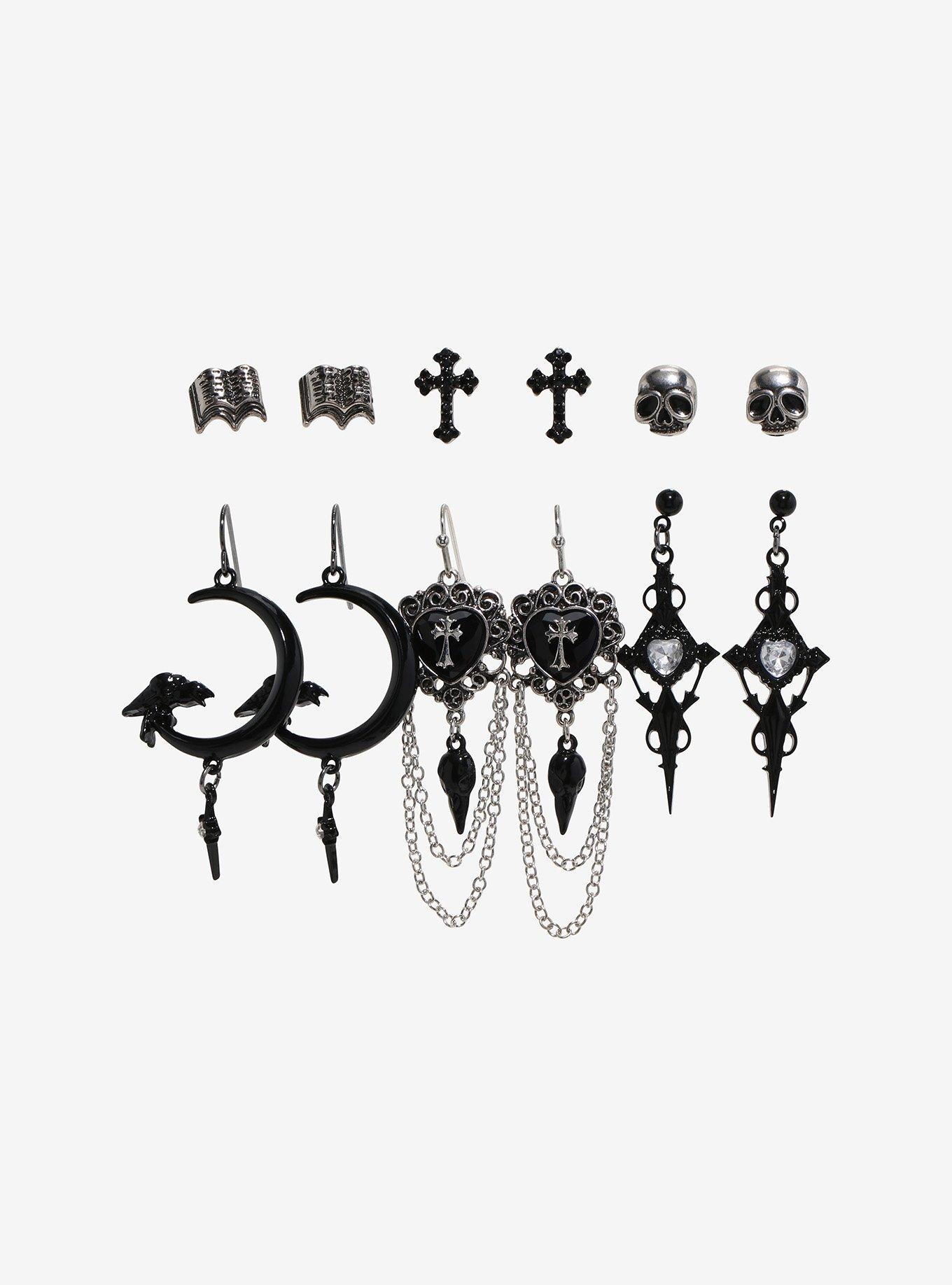 Cosmic Aura Gothic Cross Raven Earring Set, , alternate