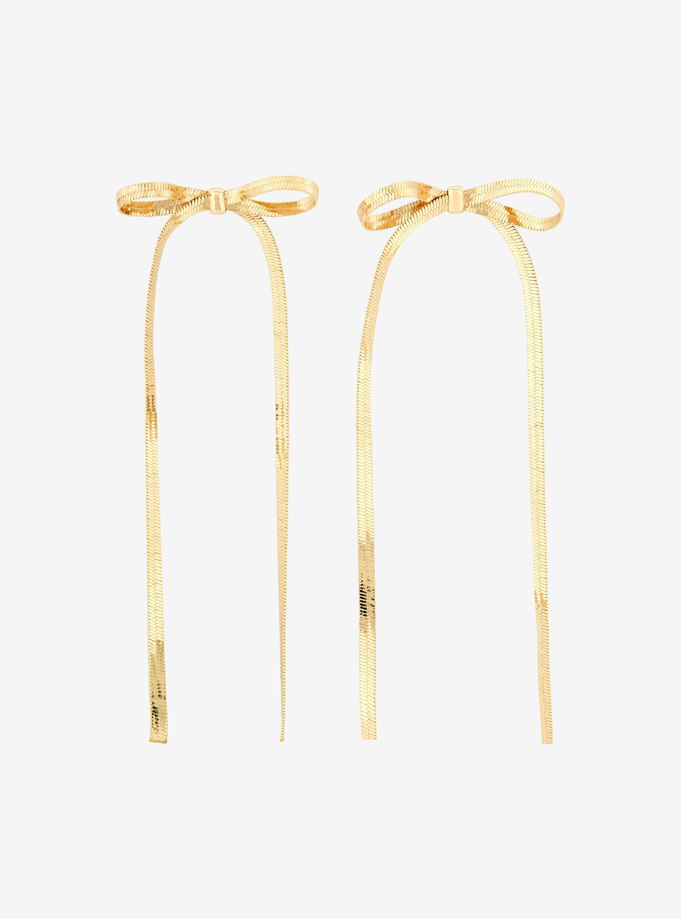 Sweet Society Long Gold Ribbon Stud Earrings, , hi-res
