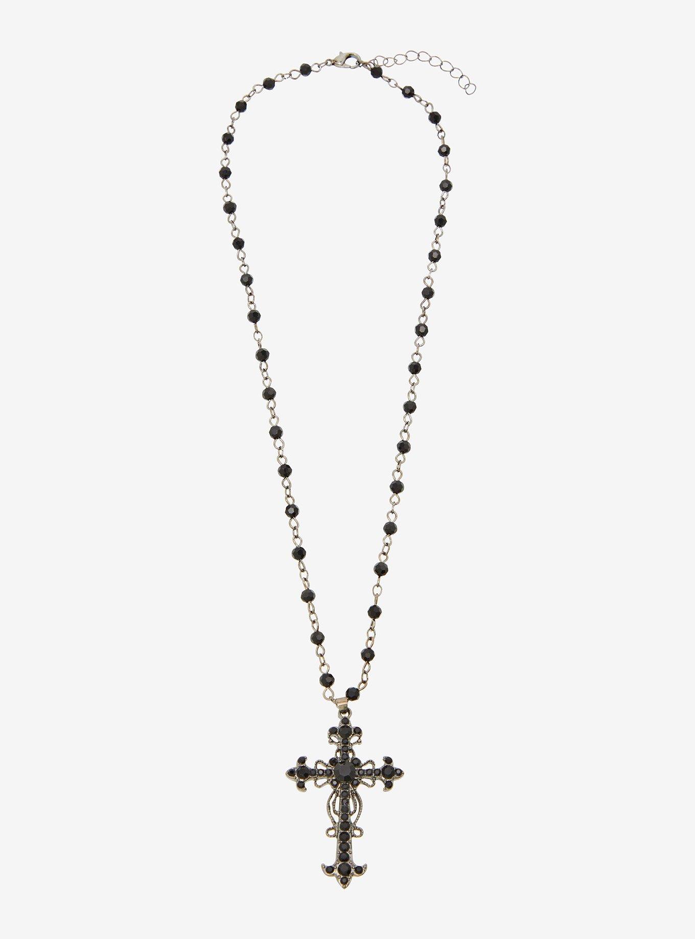 Social Collision Black Gothic Cross Rosary Necklace, , hi-res