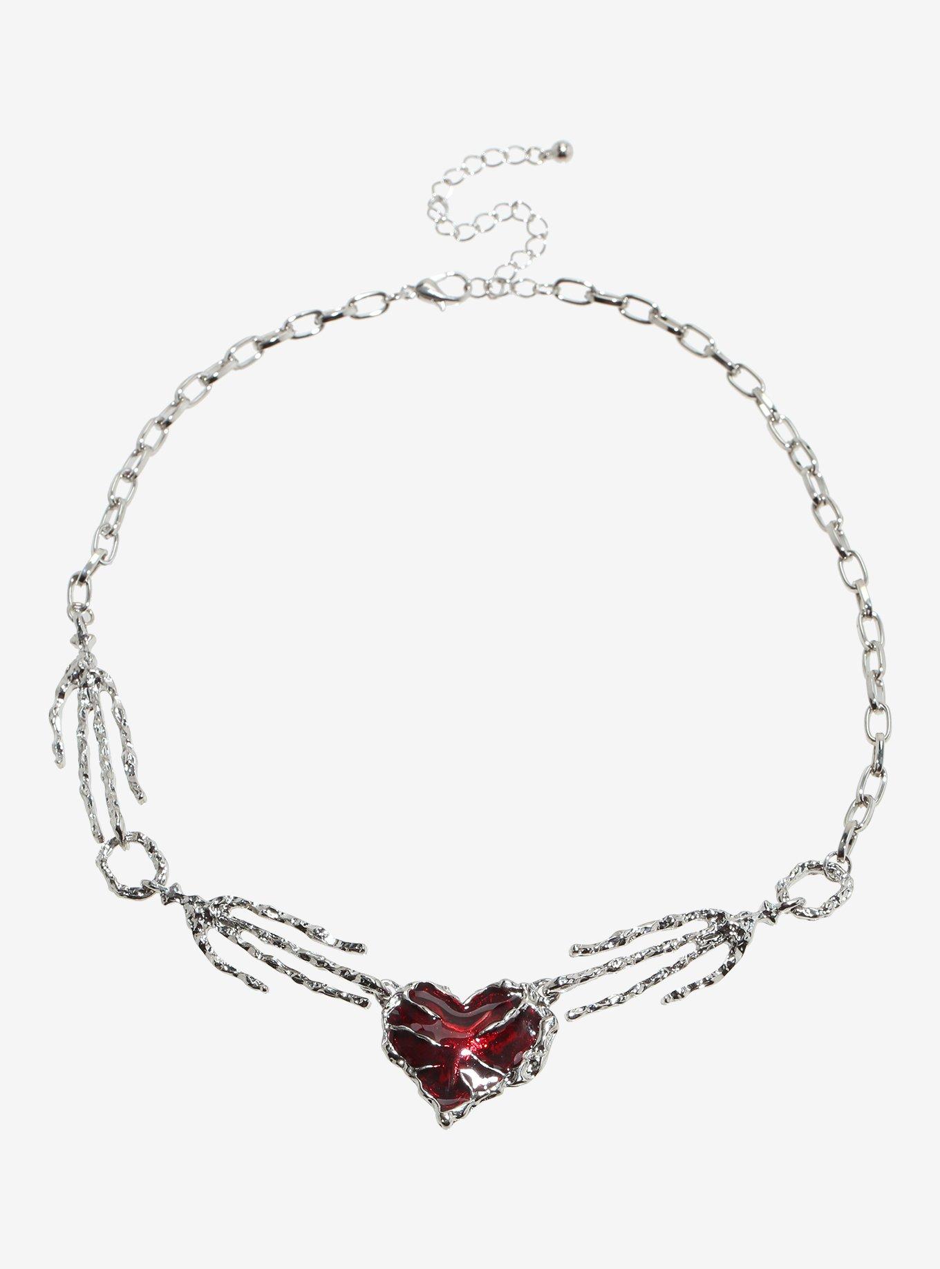 Social Collision Skeleton Hand Heart Chain Choker, , hi-res
