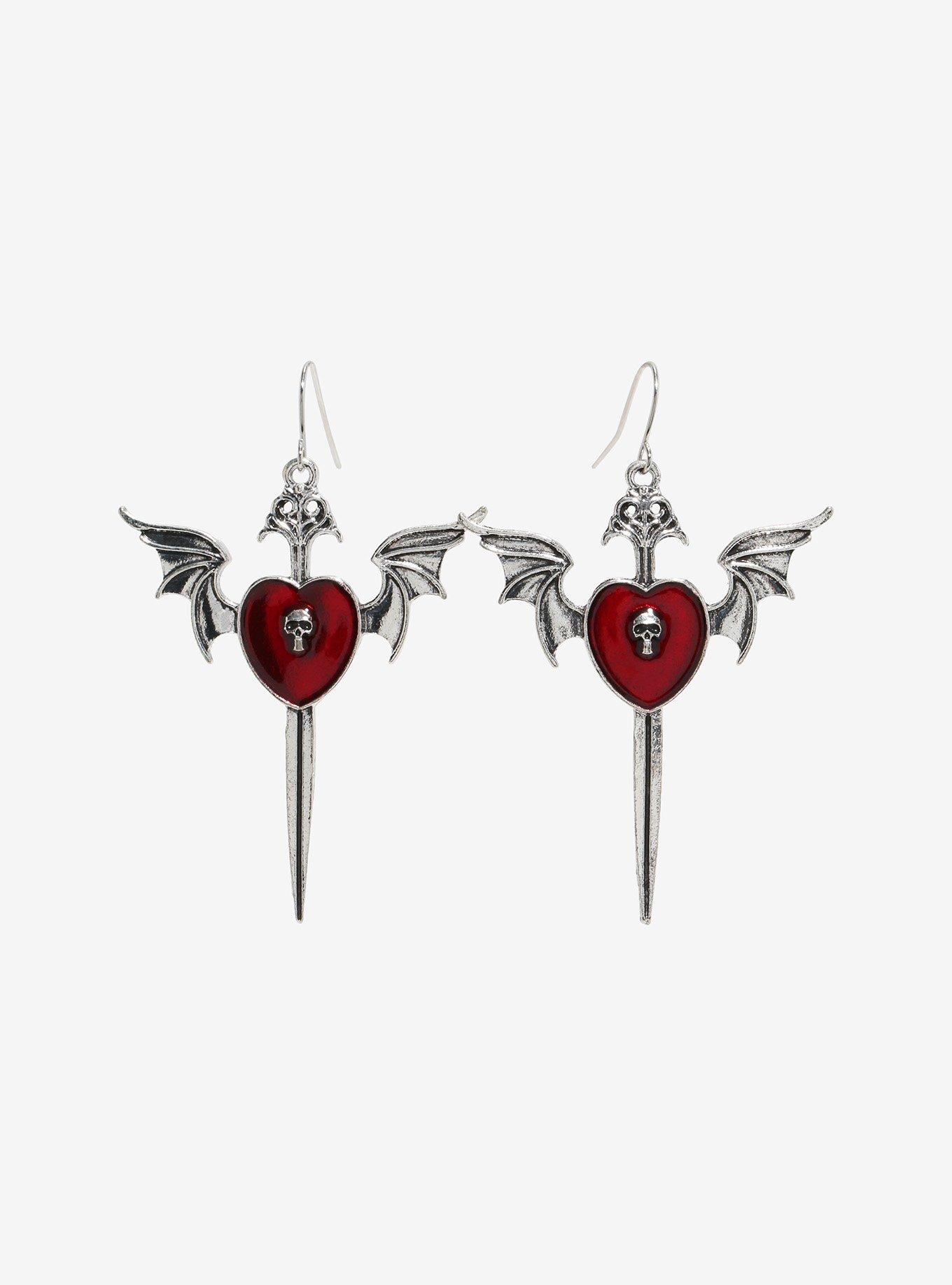 Social Collision Winged Heart Dagger Earrings, , hi-res