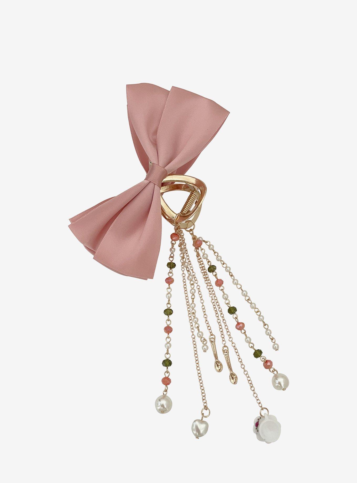 Thorn & Fable Pink Bow Dangling Charm Claw Hair Clip