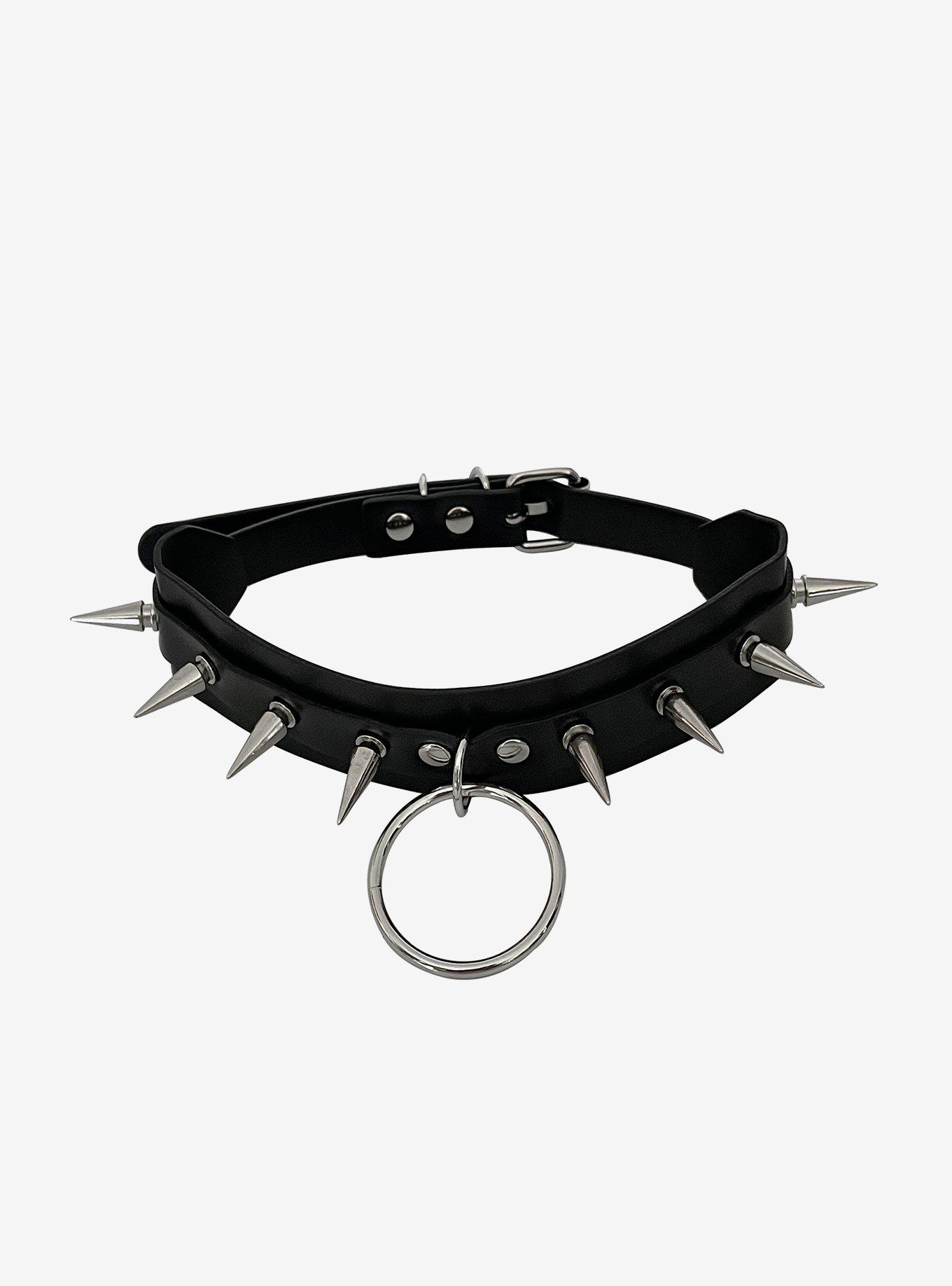 Black Faux Leather O-Ring Spike Choker, , hi-res