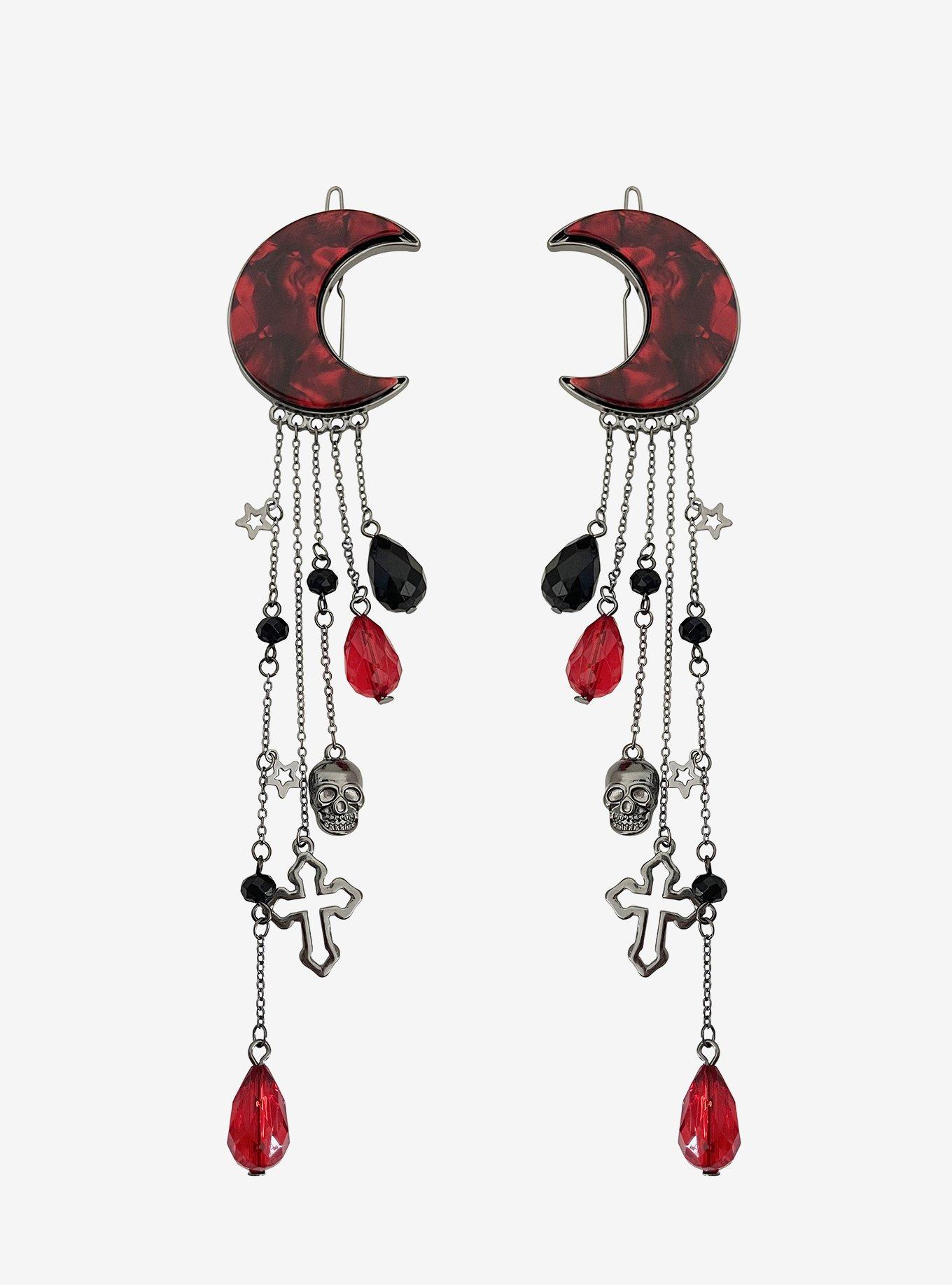 Social Collision Moon Skull Dangling Hair Clip Set, , alternate