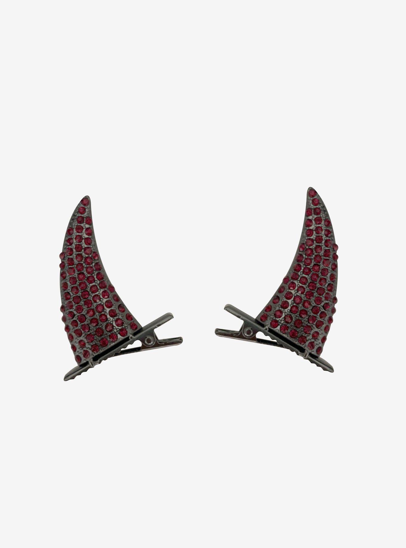 Devil Horn Red Gem Hair Clip Set, , alternate
