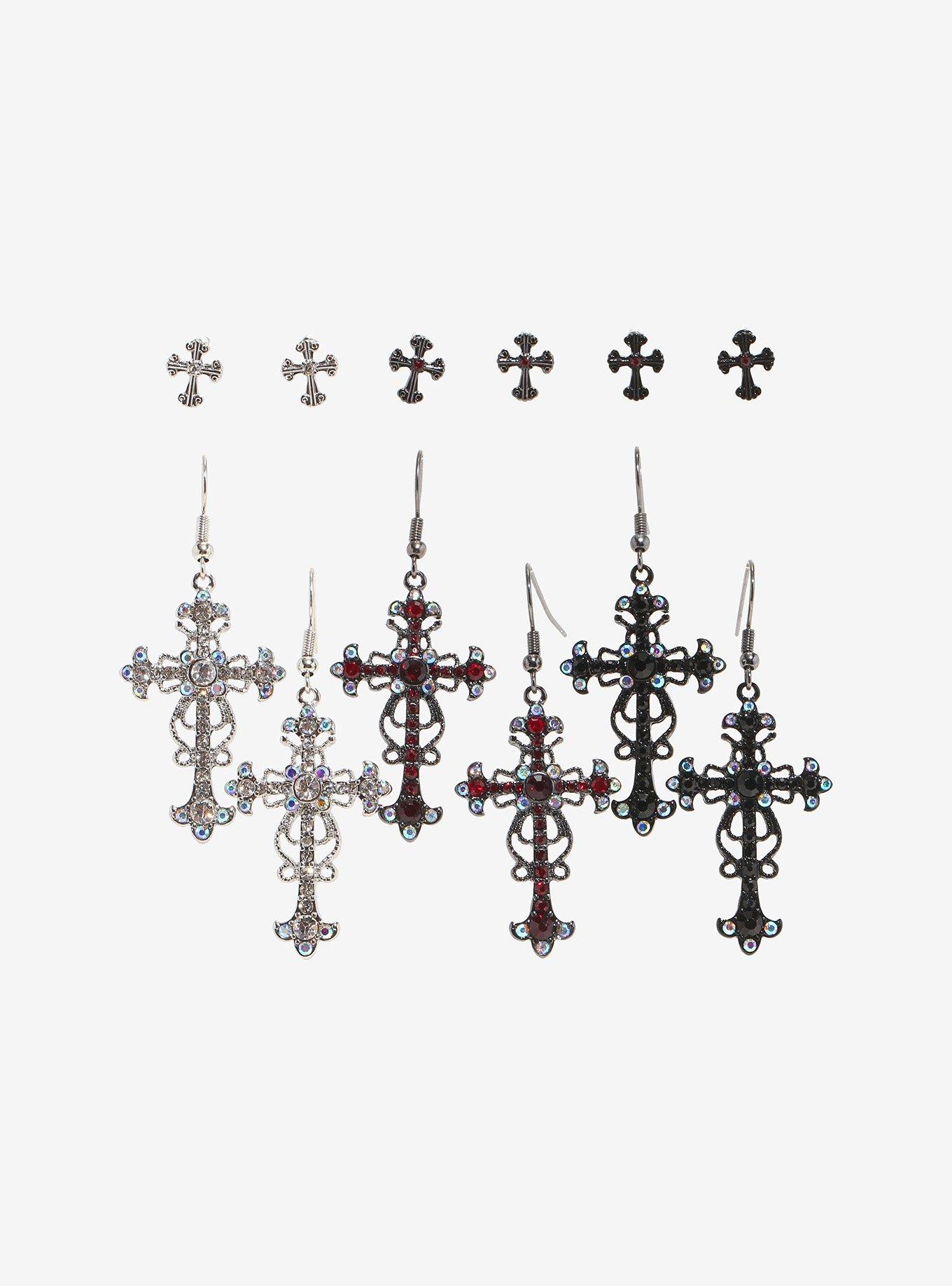 Social Collision Gothic Cross Gem Earring Set, , hi-res