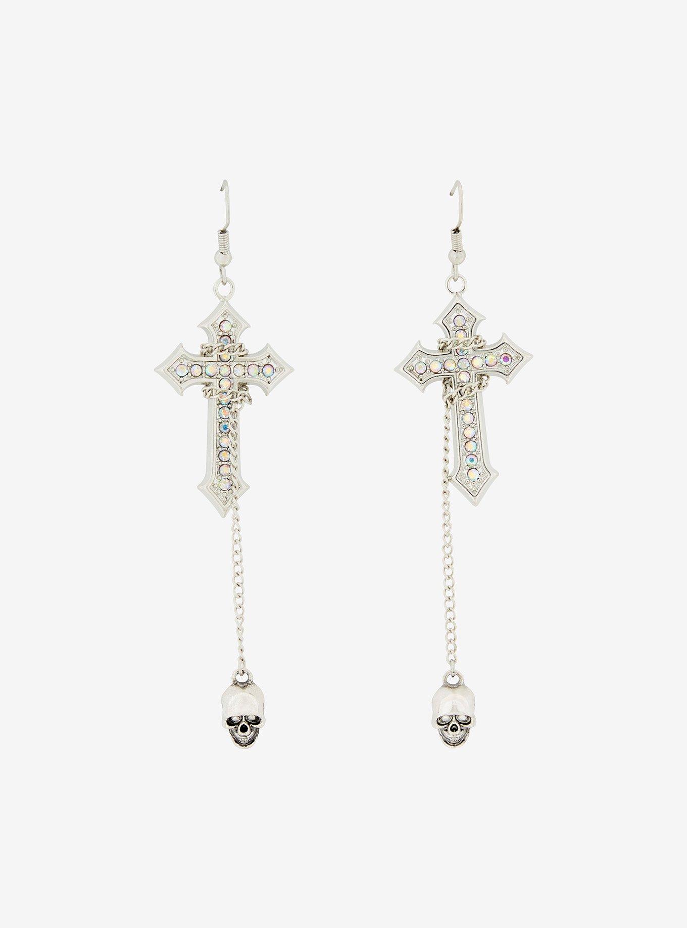 Social Collision Skull Gothic Cross Earrings, , hi-res