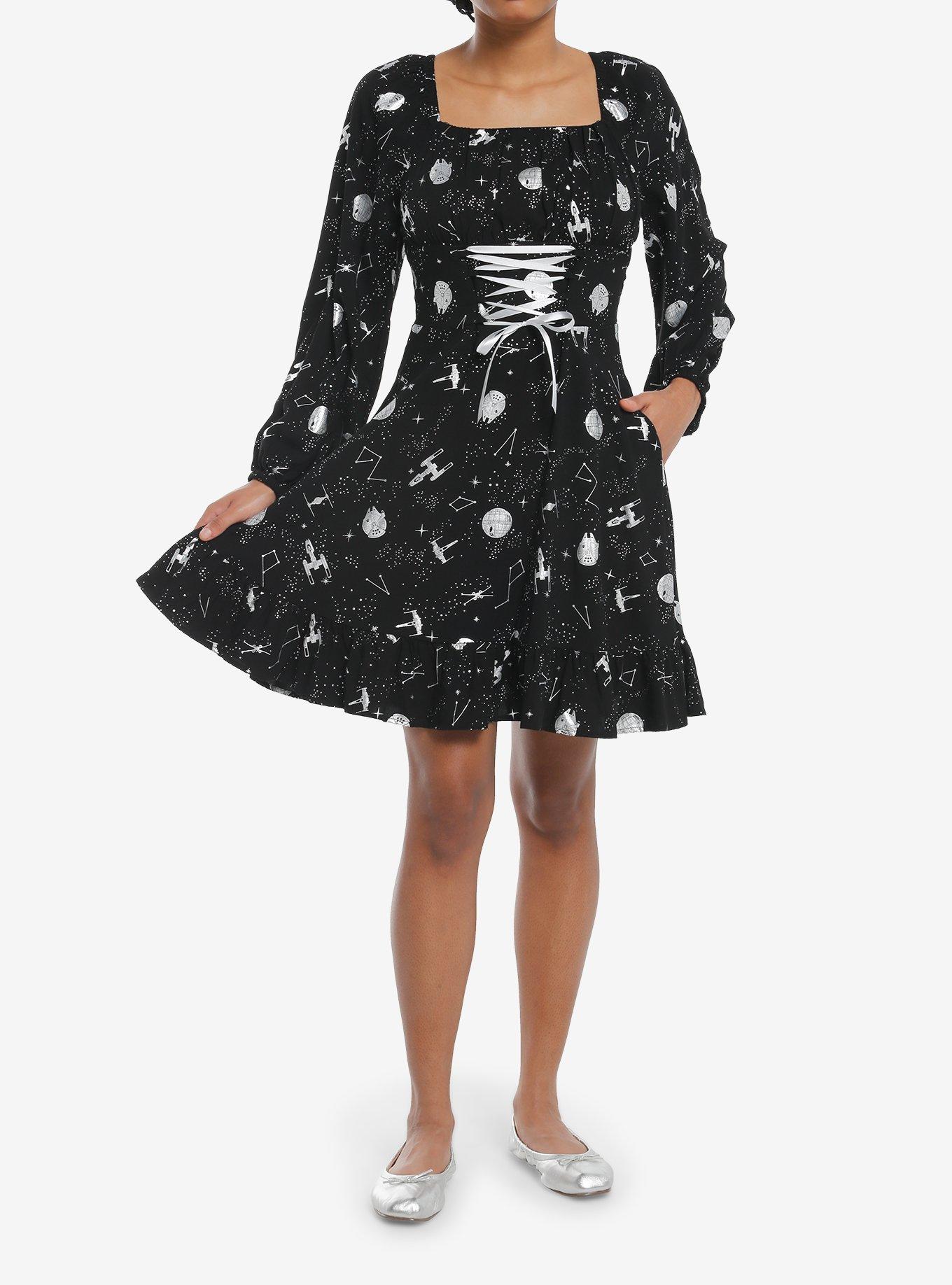 Star Wars Foil Print Lace-Up Long-Sleeve Dress, , hi-res