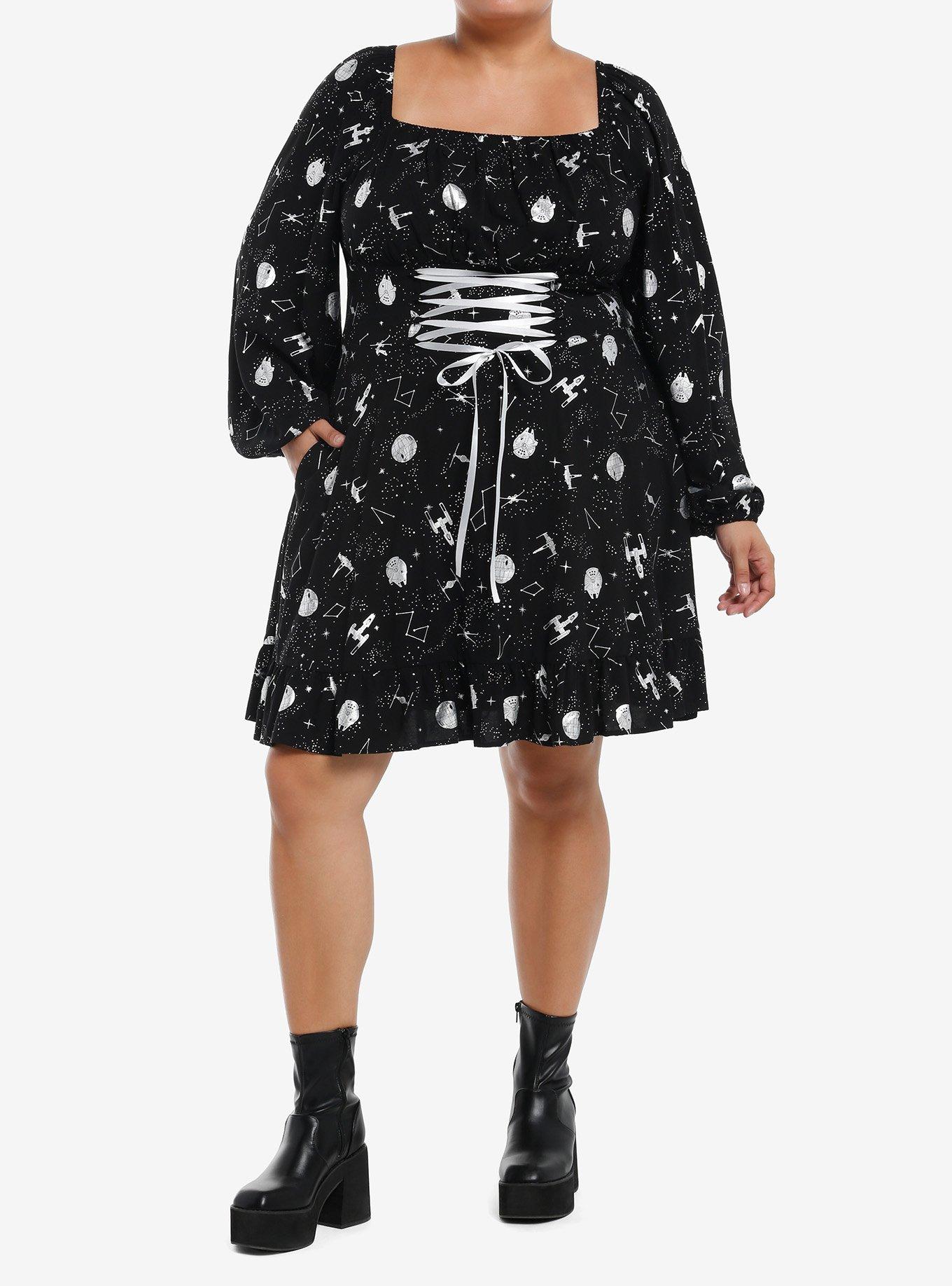 Star Wars Foil Print Lace-Up Long-Sleeve Dress Plus Size, , hi-res