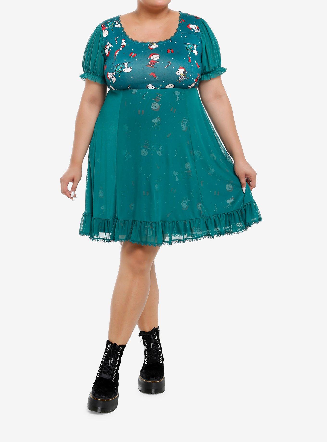 Peanuts Characters Holiday Mesh Dress Plus Size, , hi-res