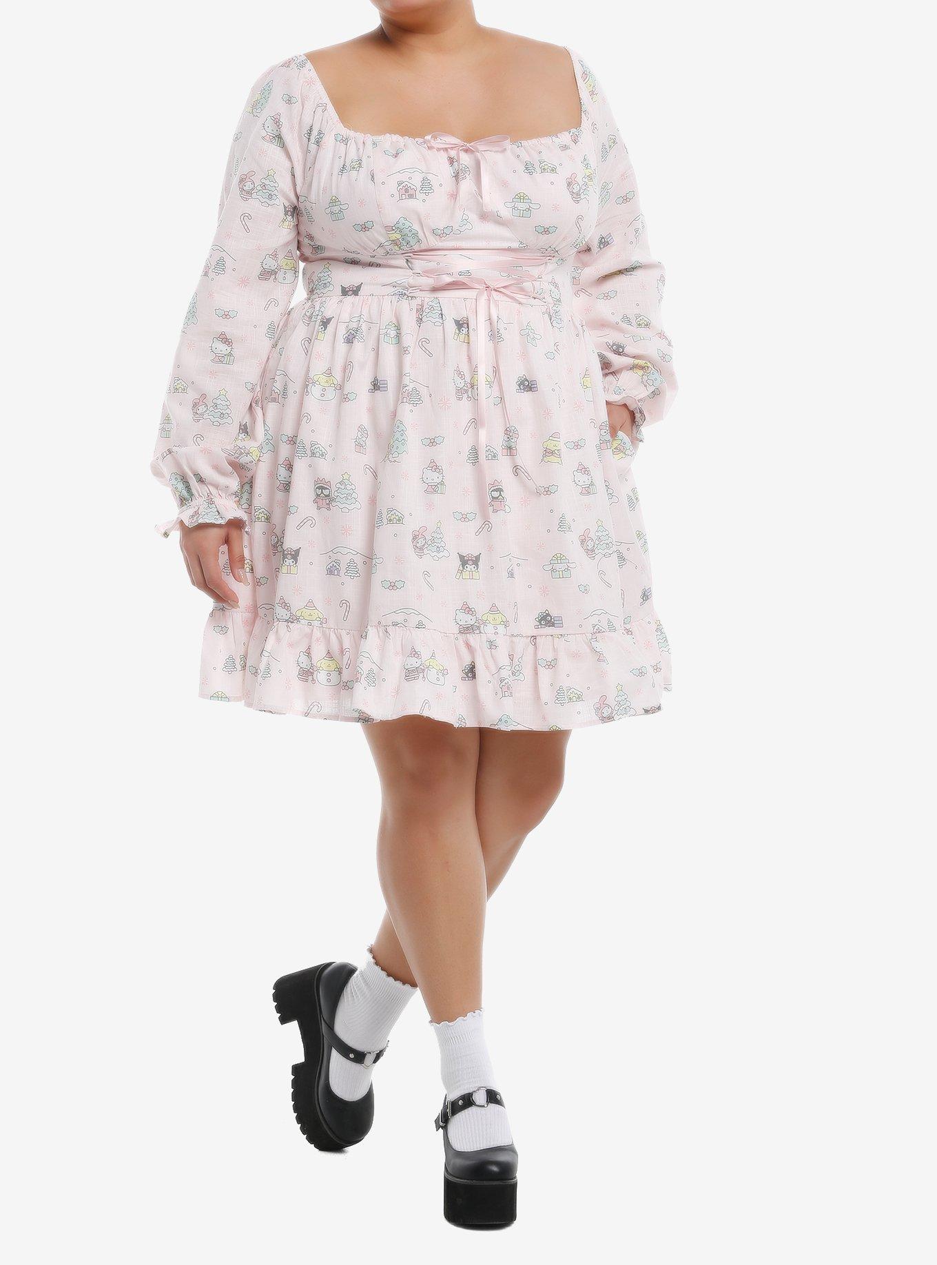 Hello Kitty And Friends Holiday Pink Lace-Up Long-Sleeve Dress Plus Size, , hi-res