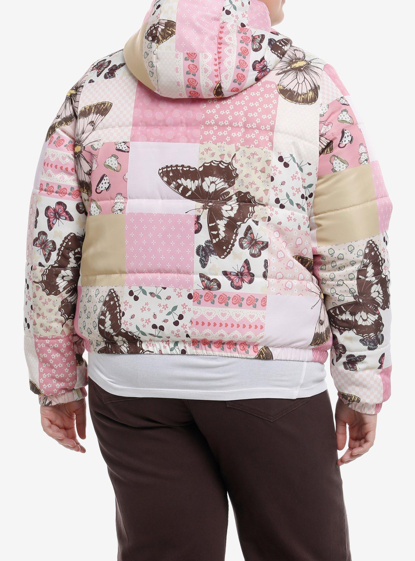 Sweet Society Butterfly Pink Patchwork Girls Puffer Jacket Plus Size, BROWN, alternate