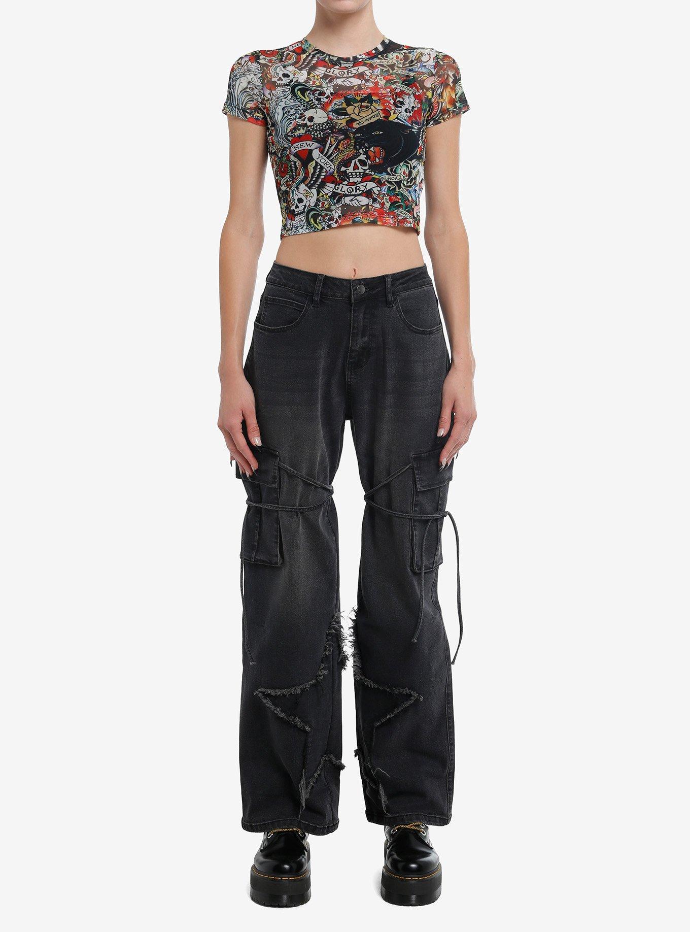 Ed Hardy Tattoo Allover Print Girls Crop Mesh Top, MULTI, alternate