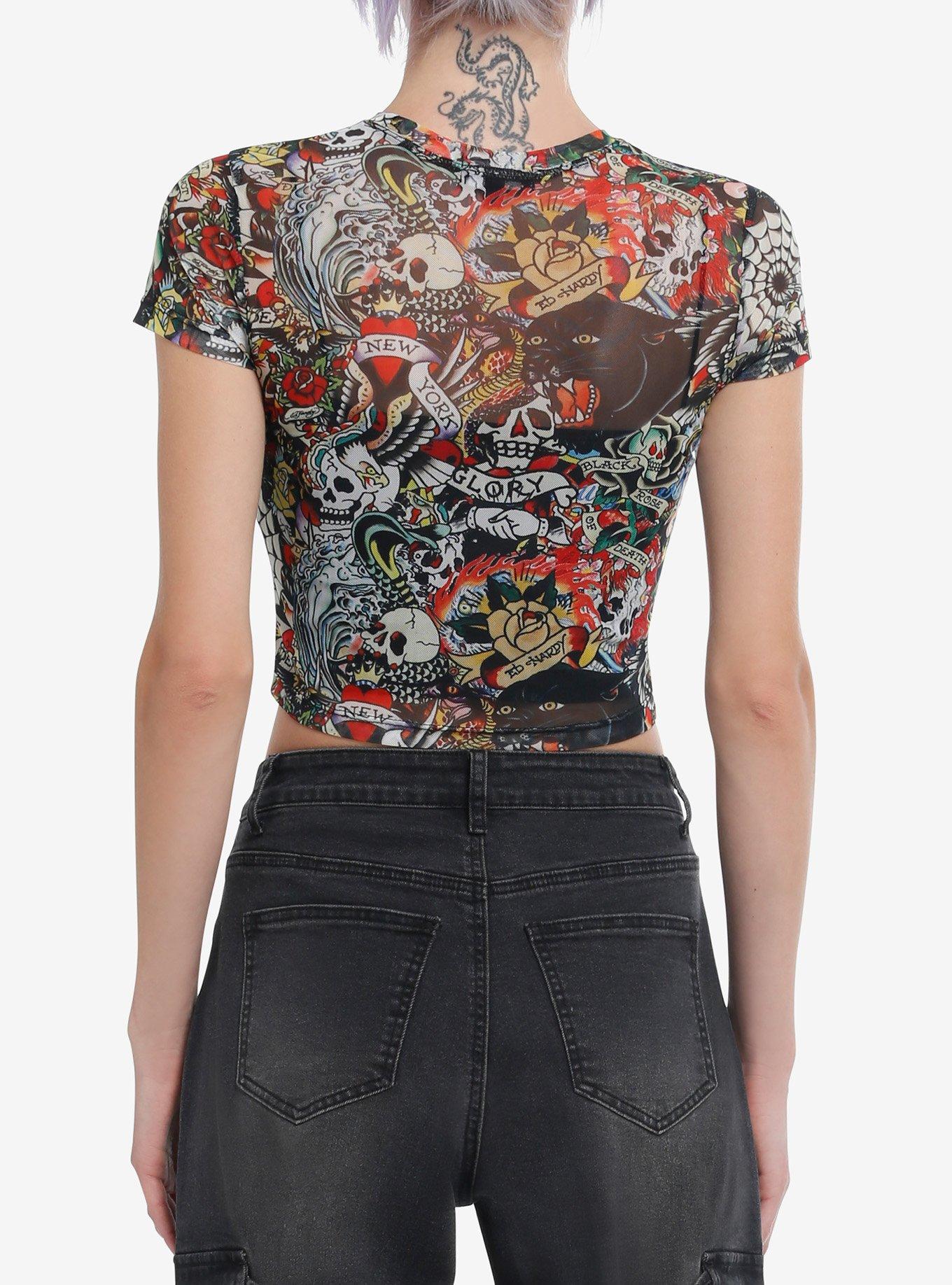 Ed Hardy Tattoo Allover Print Girls Crop Mesh Top, MULTI, alternate