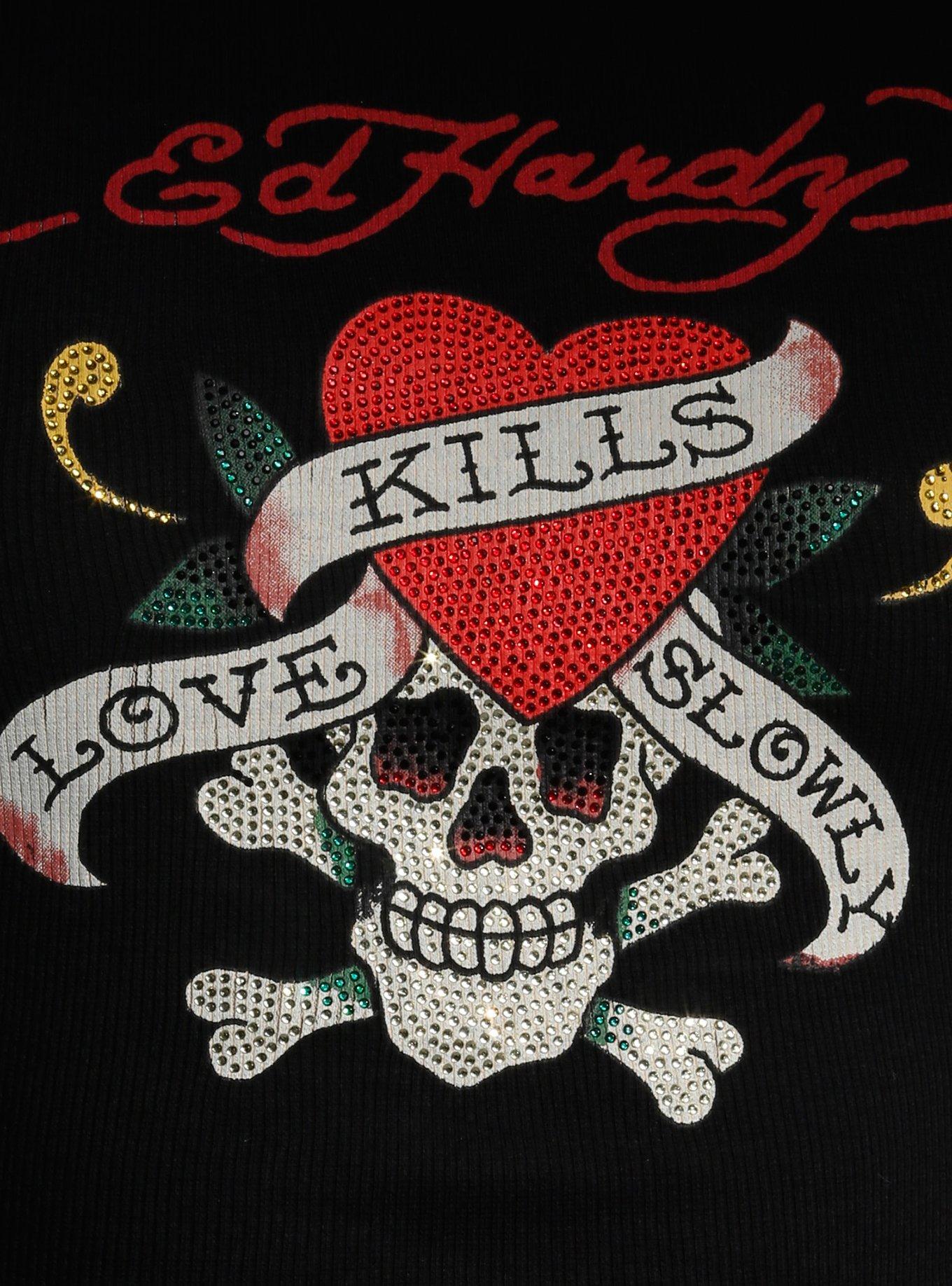 Ed Hardy Love Kills Slowly Rhinestone Girls Crop Tank Top, RED, alternate