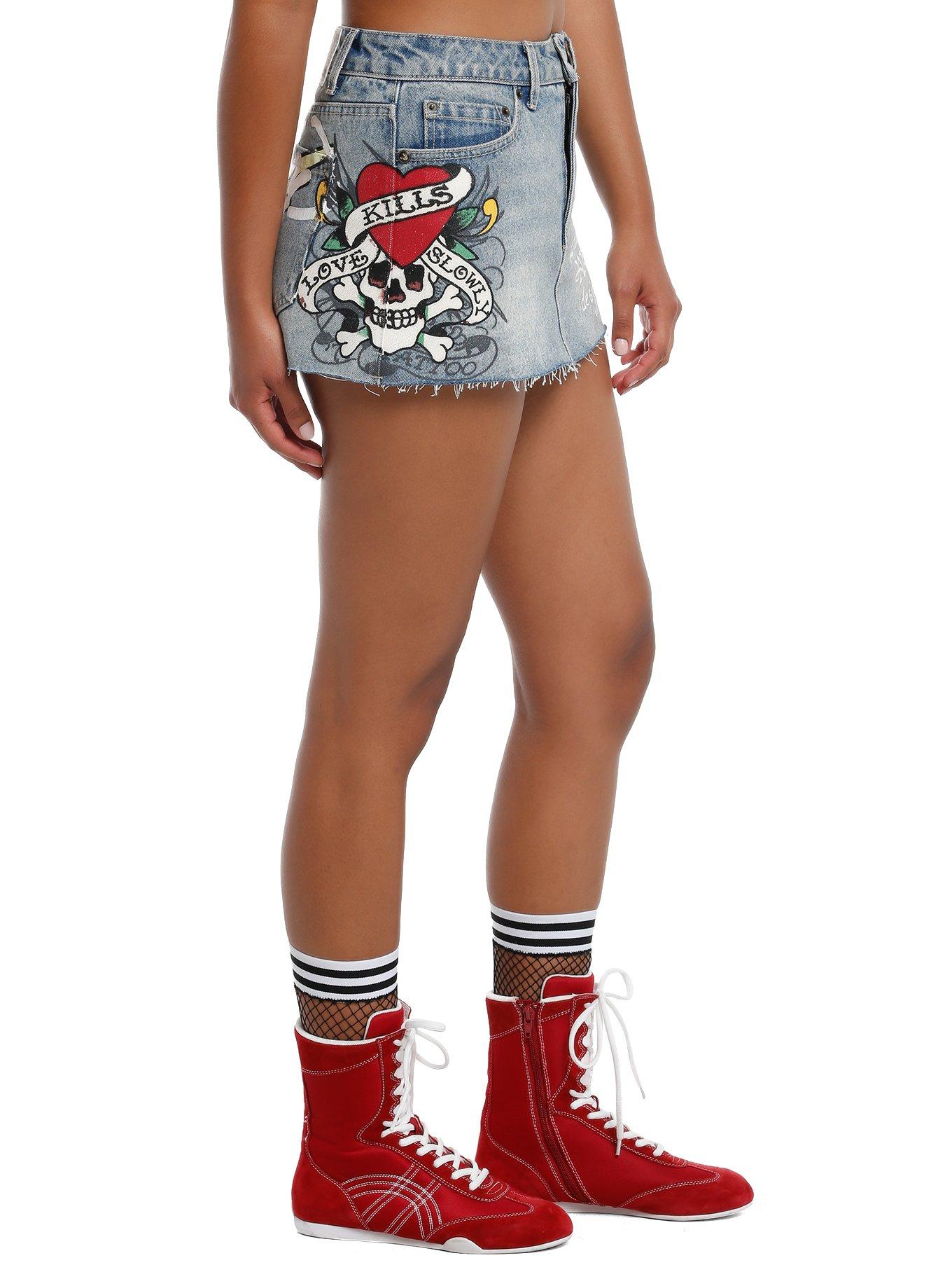 Ed Hardy Printed Denim Mini Skirt, RED, alternate
