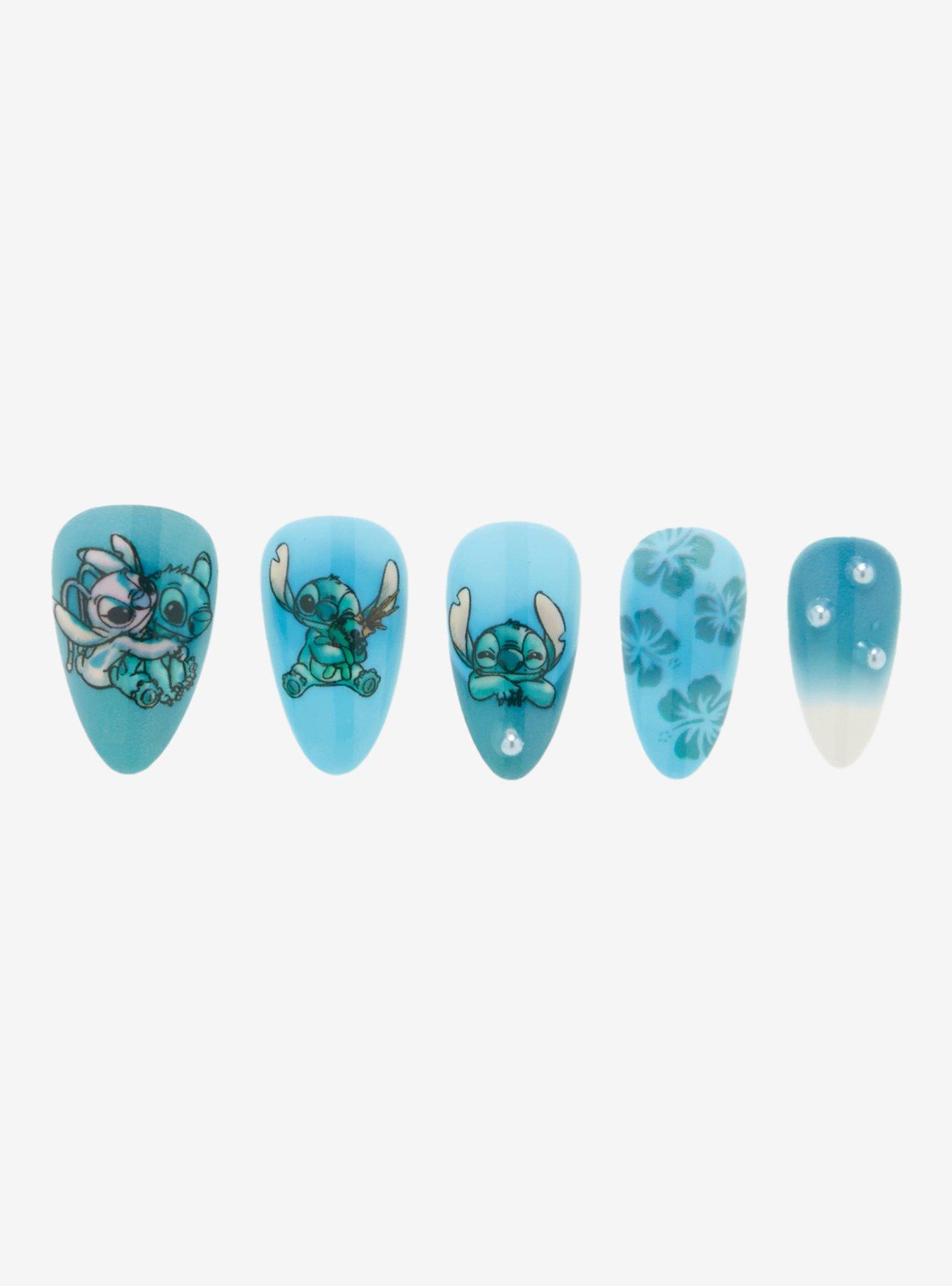 Disney Stitch Blue Flowers Faux Nail set, , hi-res