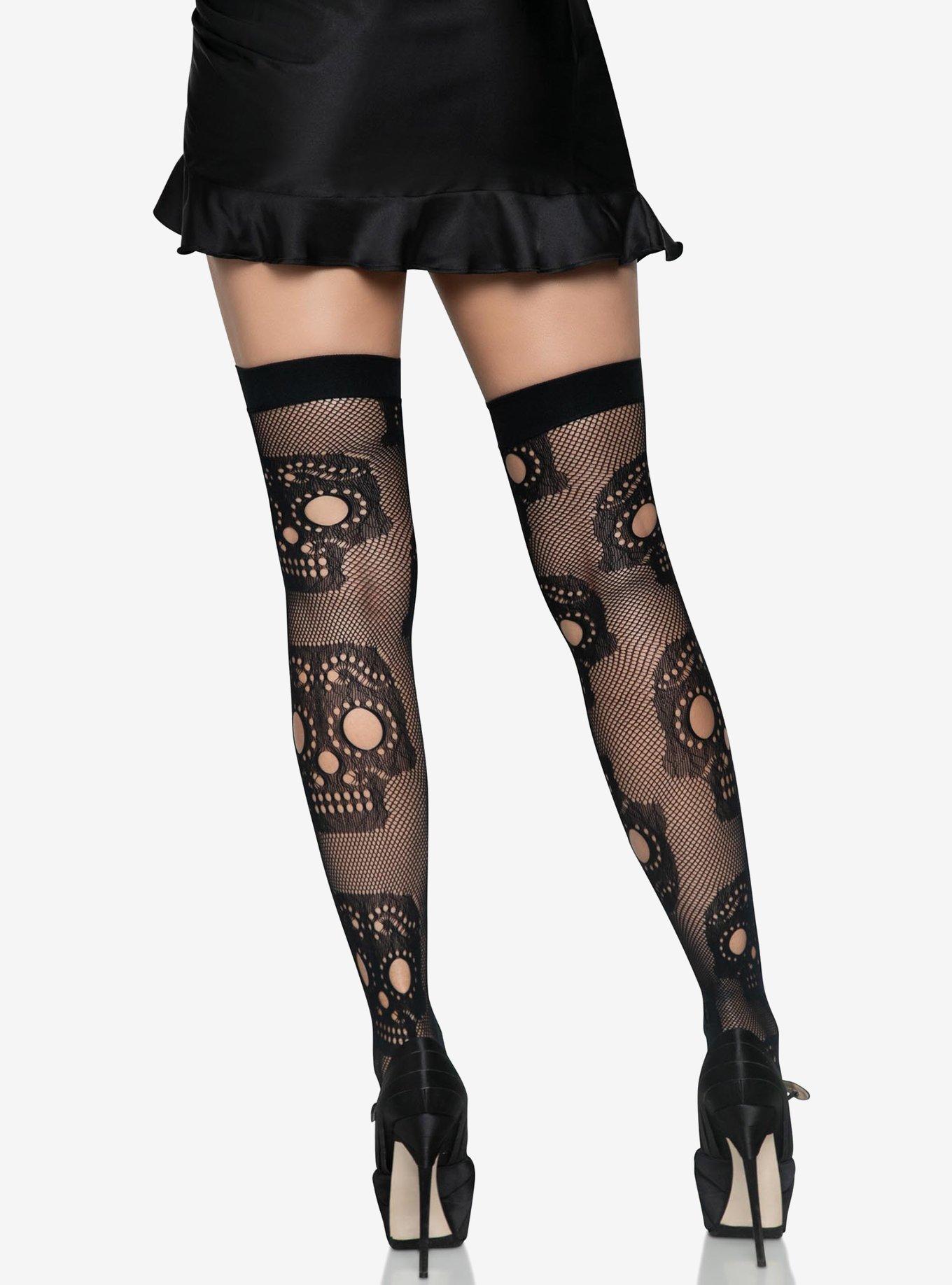 Sugar Skull Net Thigh Highs Black, , hi-res