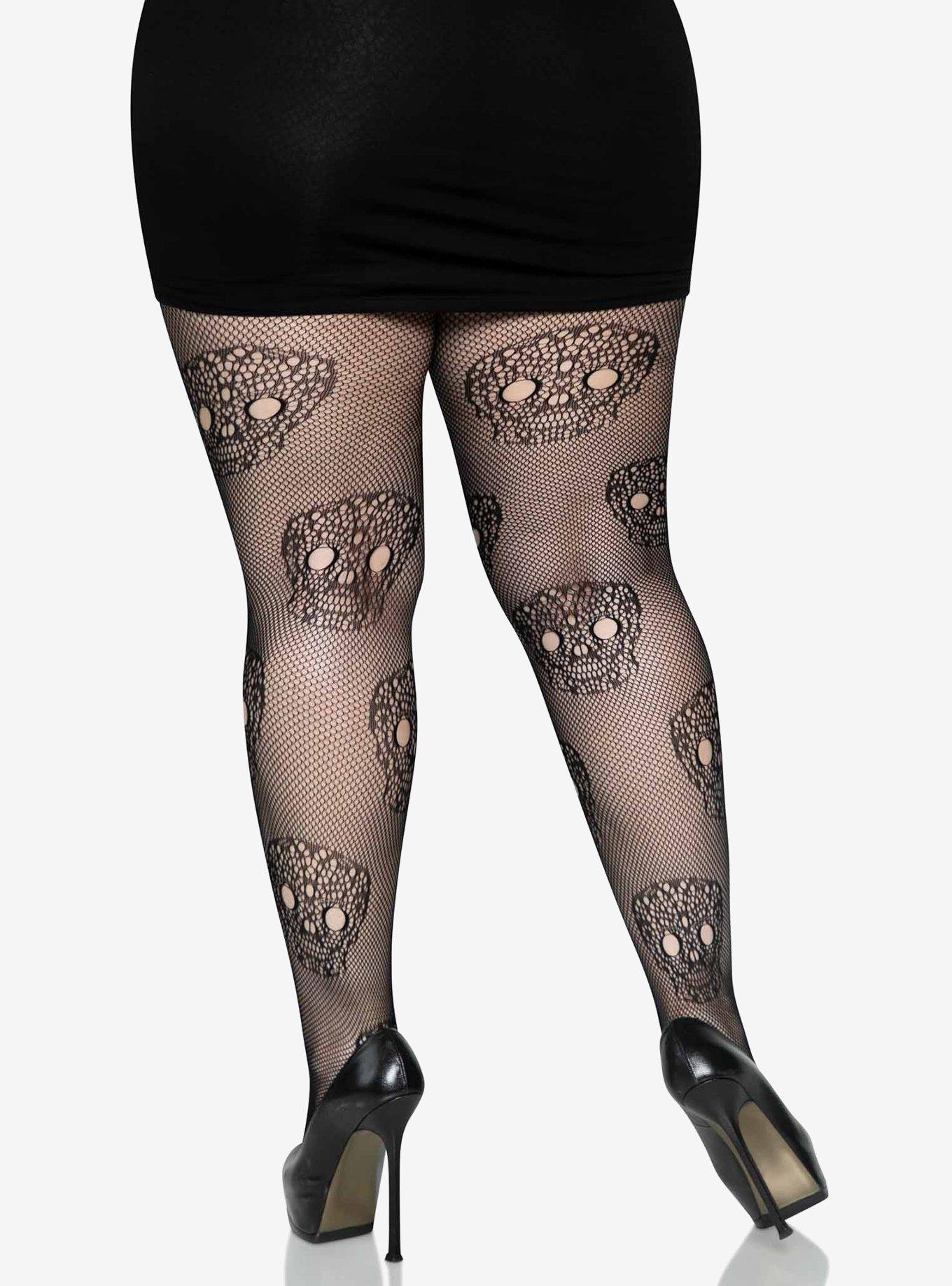 Lace Skull Fishnet Tights Plus Size, , alternate