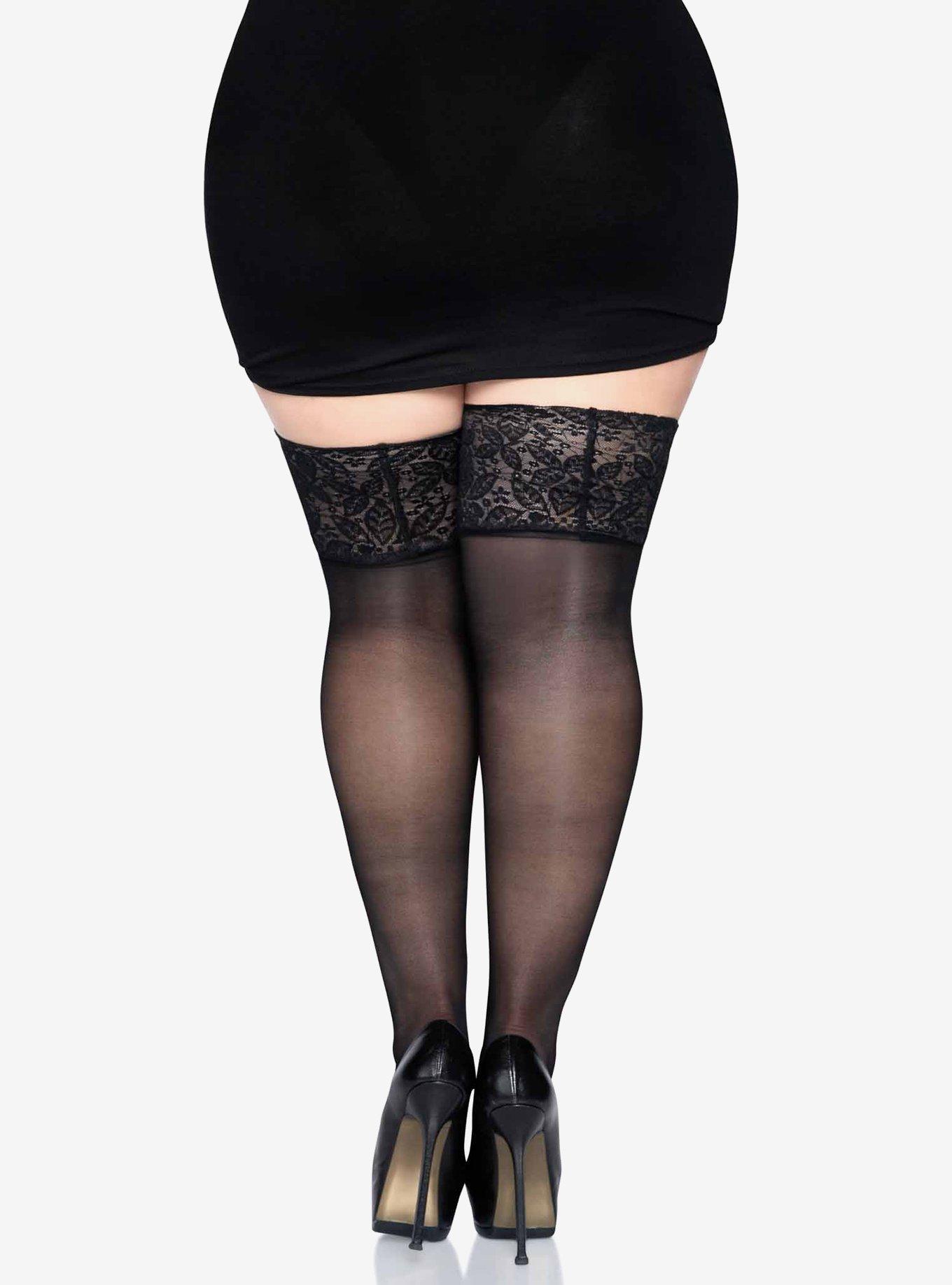 Lace Lycra Sheer Stay Up Thigh Highs Plus Size Black, , alternate