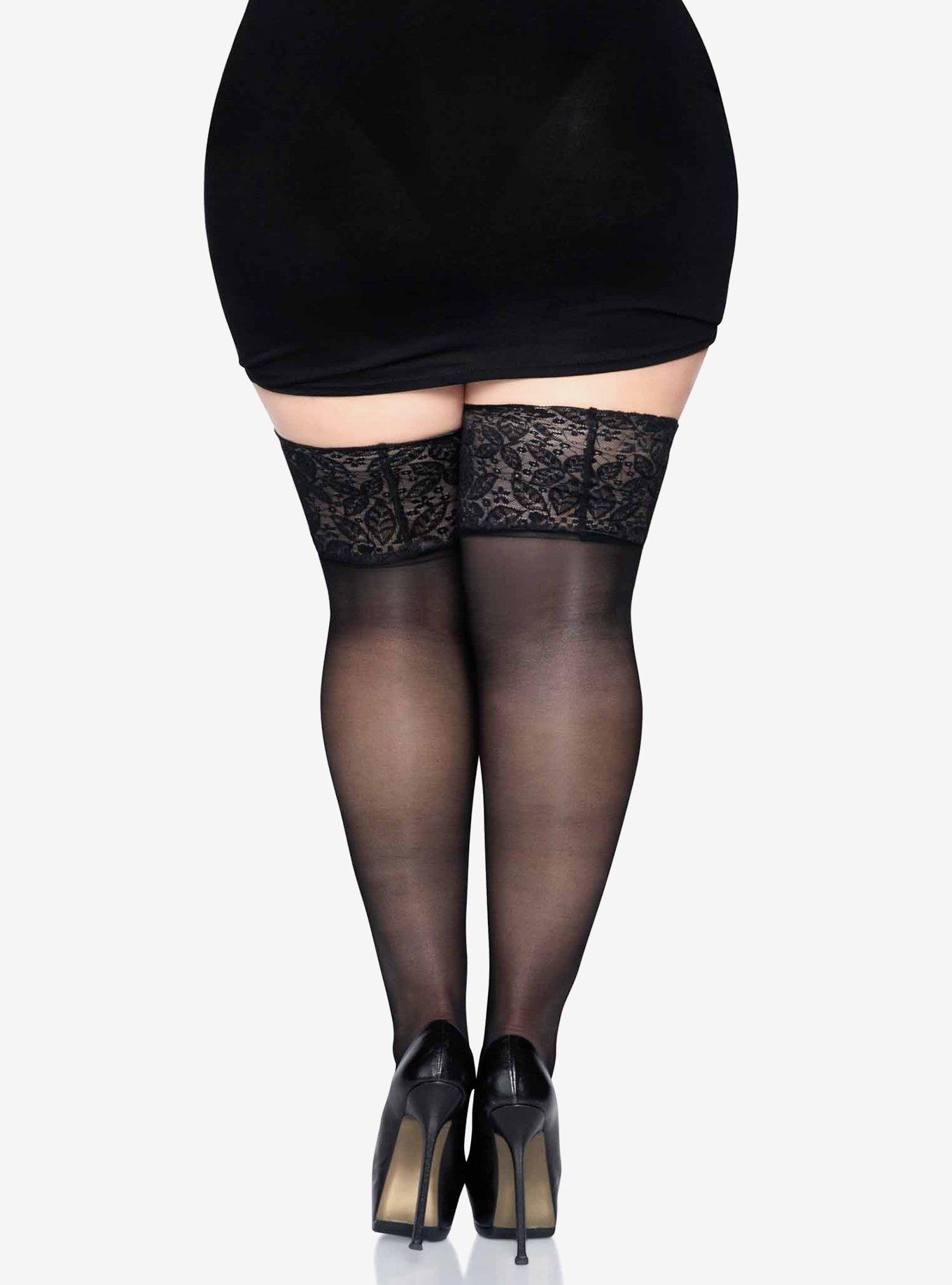 Lace Lycra Sheer Stay Up Thigh Highs Plus Size Black, , hi-res