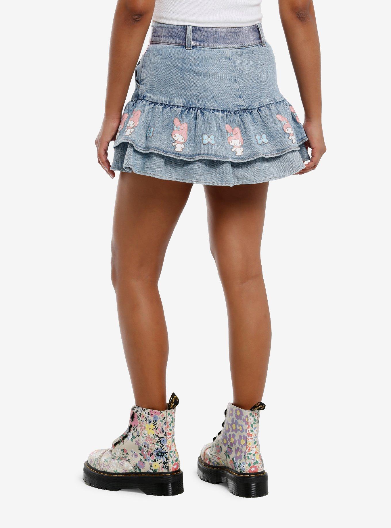 My Melody Rhinestone Tiered Denim Skirt With Belt, , hi-res