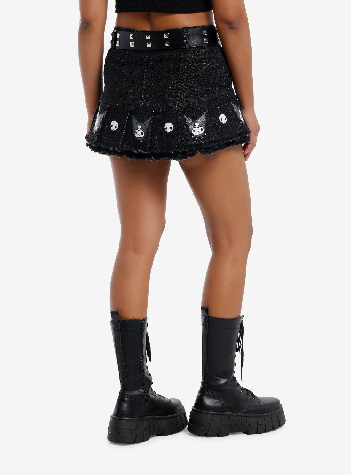 Kuromi Rhinestone Pleated Denim Skirt With Belt, , hi-res