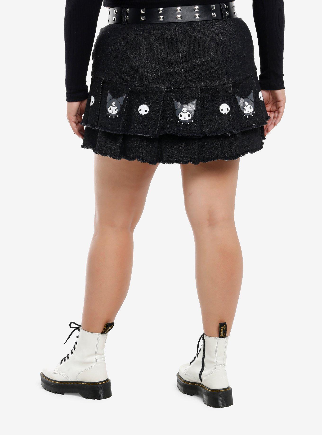 Kuromi Rhinestone Pleated Denim Skirt With Belt Plus Size, , hi-res