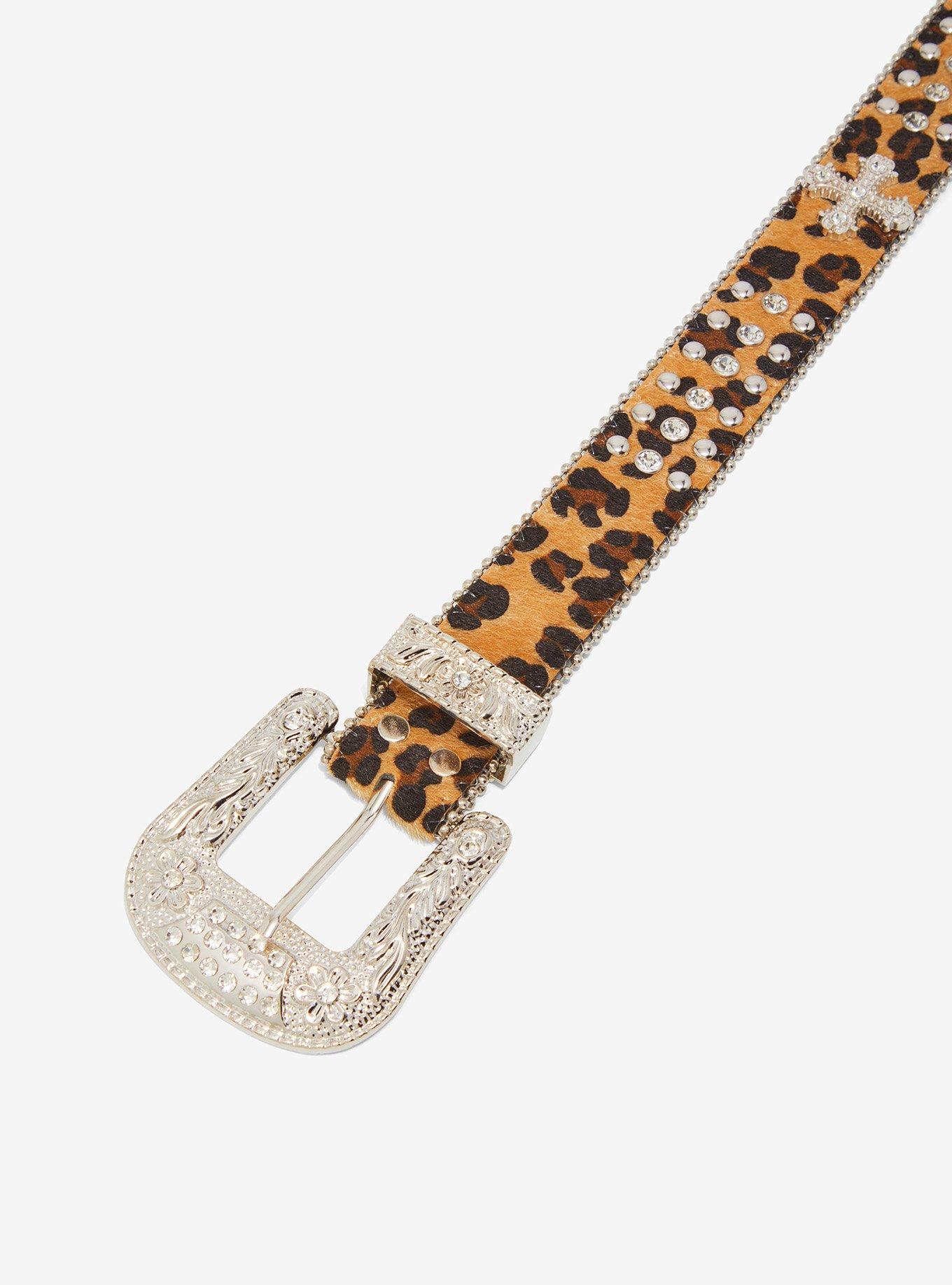 Leopard Print Stud & Rhinestone Western Belt, , hi-res